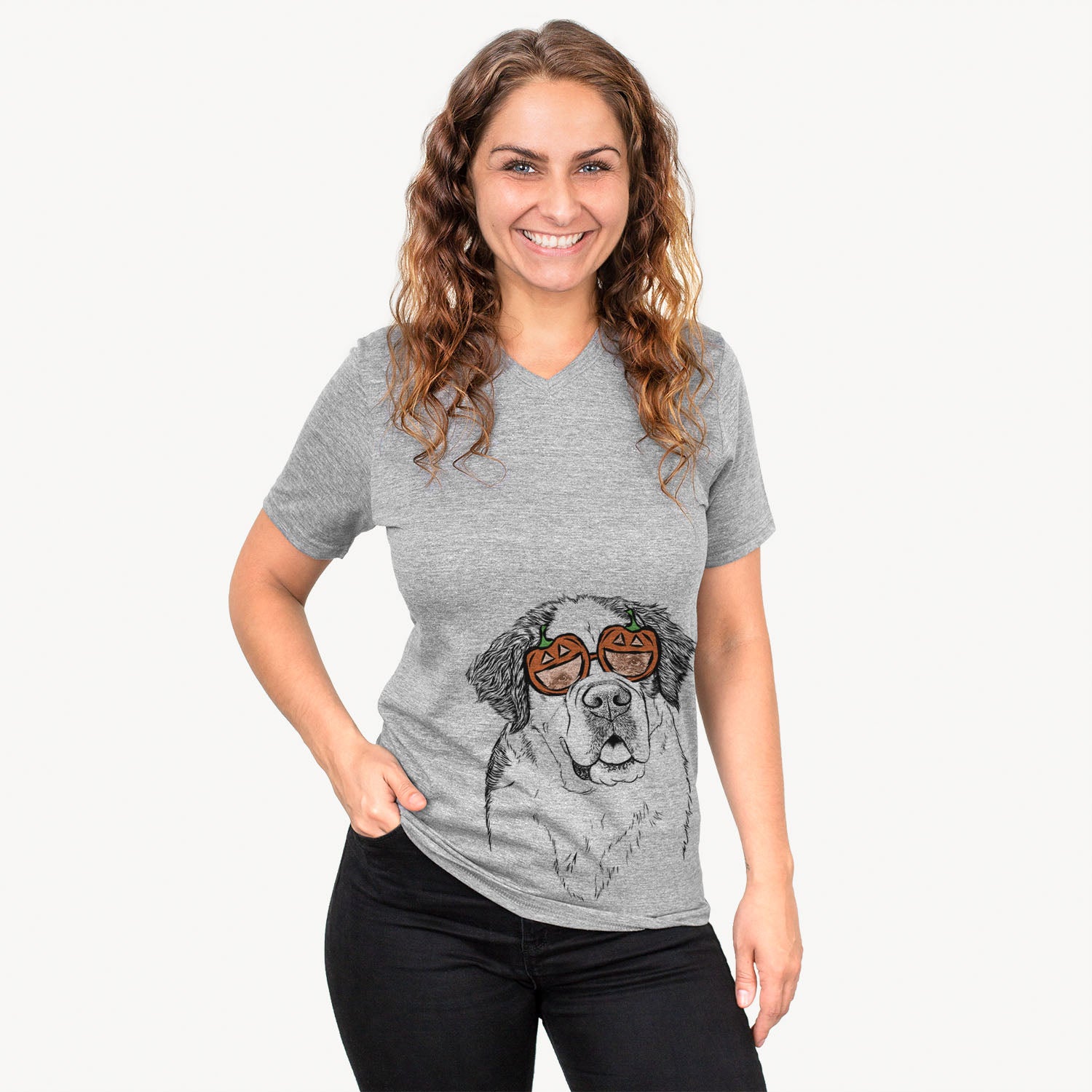 Hand-drawn sketch of Hook the Saint Bernard wearing pumpkin glasses on a Grey pumpkin collection