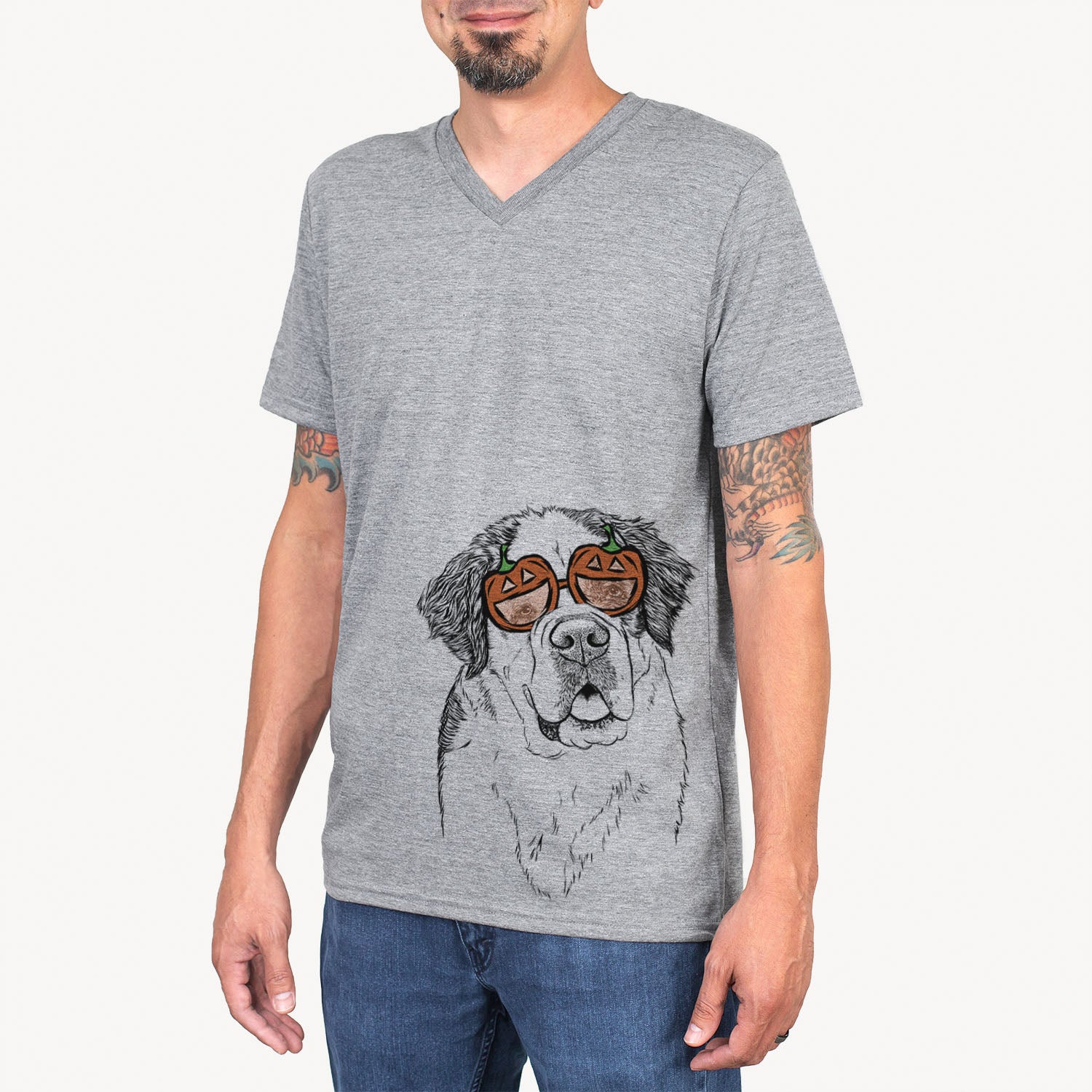 Hand-drawn sketch of Hook the Saint Bernard wearing pumpkin glasses on a Grey pumpkin collection