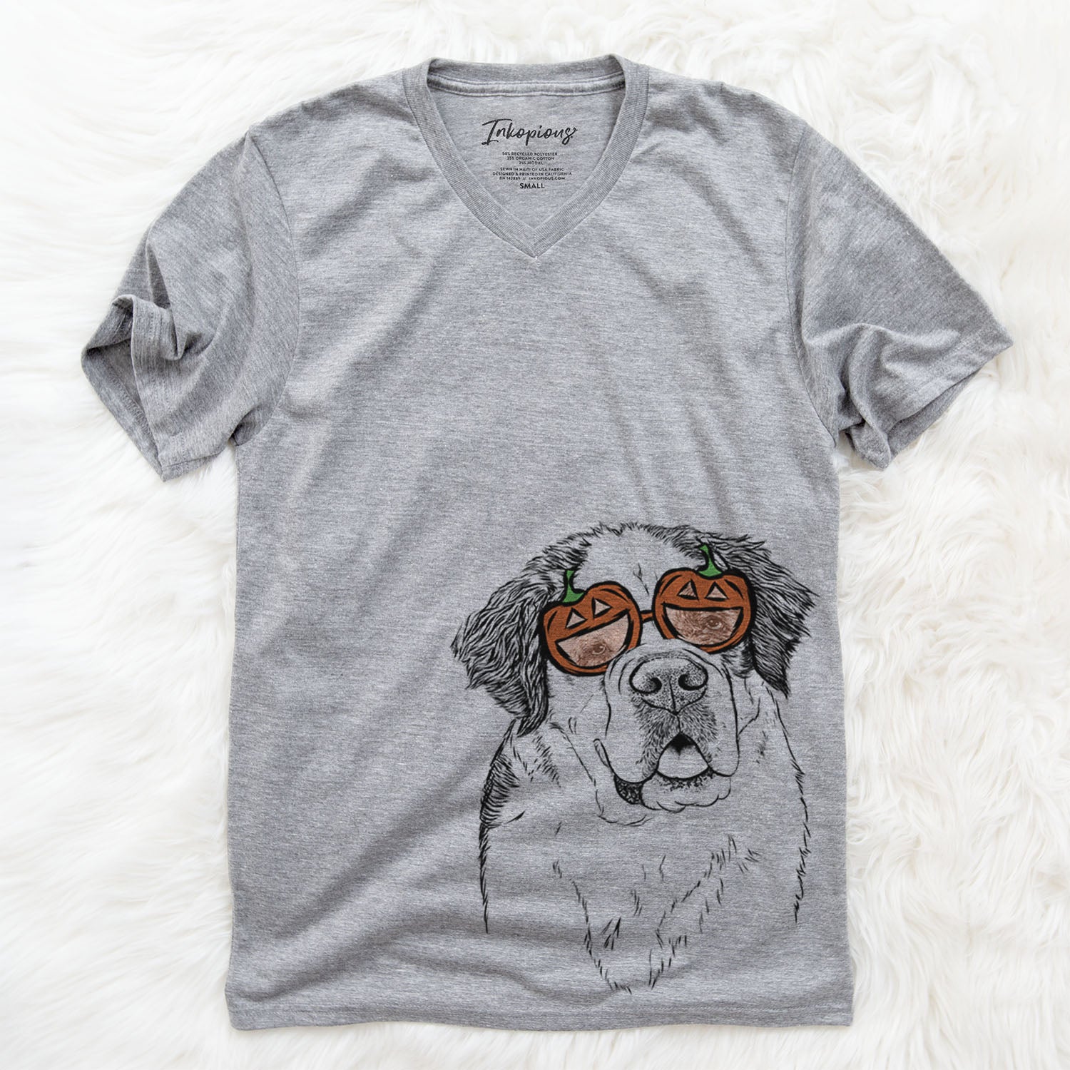 Hand-drawn sketch of Hook the Saint Bernard wearing pumpkin glasses on a Grey pumpkin collection
