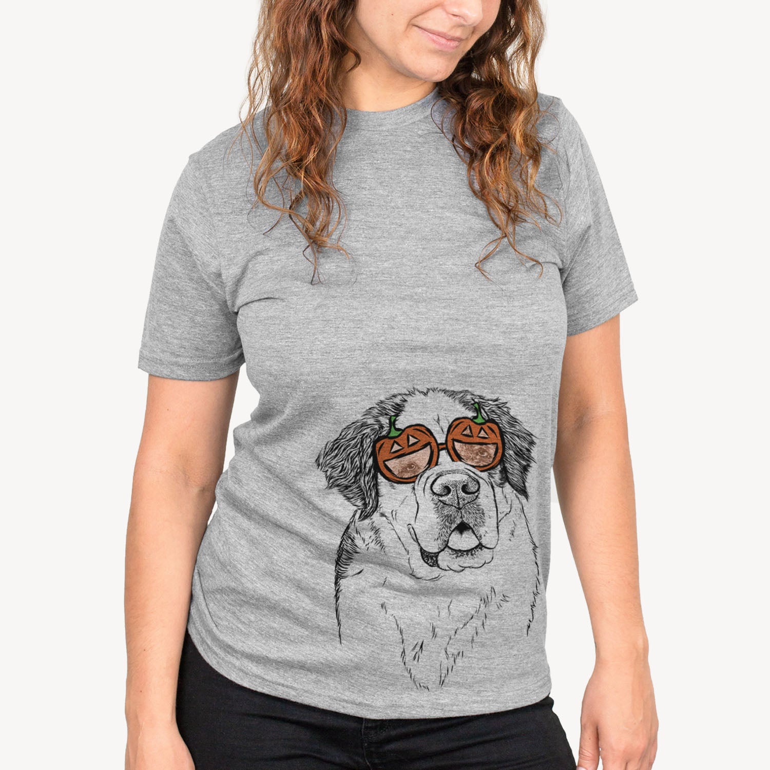 Hand-drawn sketch of Hook the Saint Bernard wearing pumpkin glasses on a Grey pumpkin collection, on a hanger