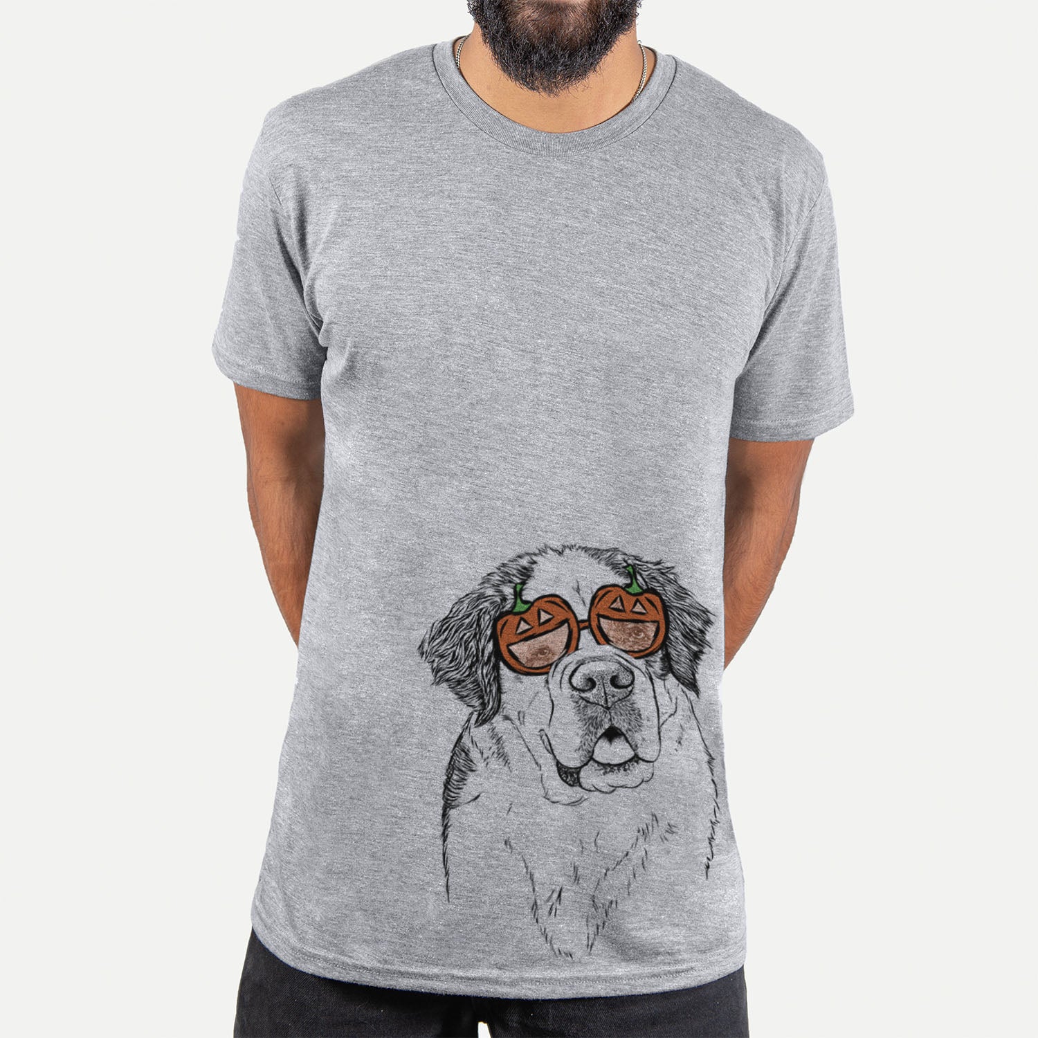 Hand-drawn sketch of Hook the Saint Bernard wearing pumpkin glasses on a Grey pumpkin collection, hanging on a wall