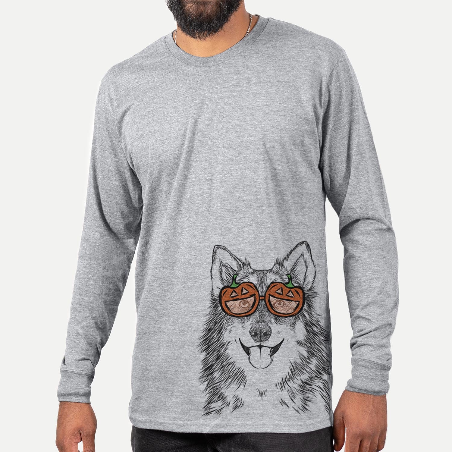 Hand-drawn sketch of Iben the Utonagan wearing pumpkin glasses on a Grey pumpkin collection, hanging on a wall