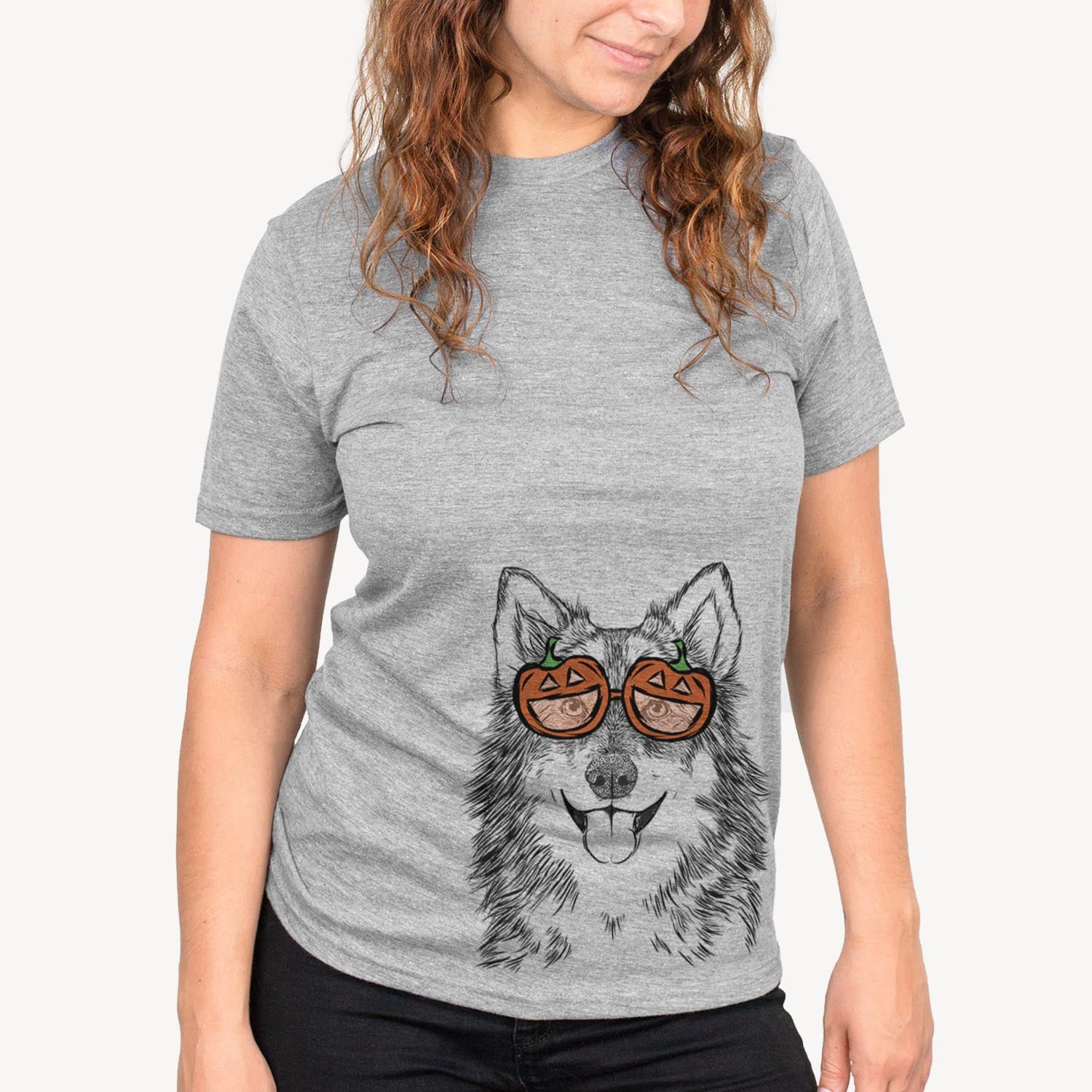 Hand-drawn sketch of Iben the Utonagan wearing pumpkin glasses on a Grey pumpkin collection, on a hanger