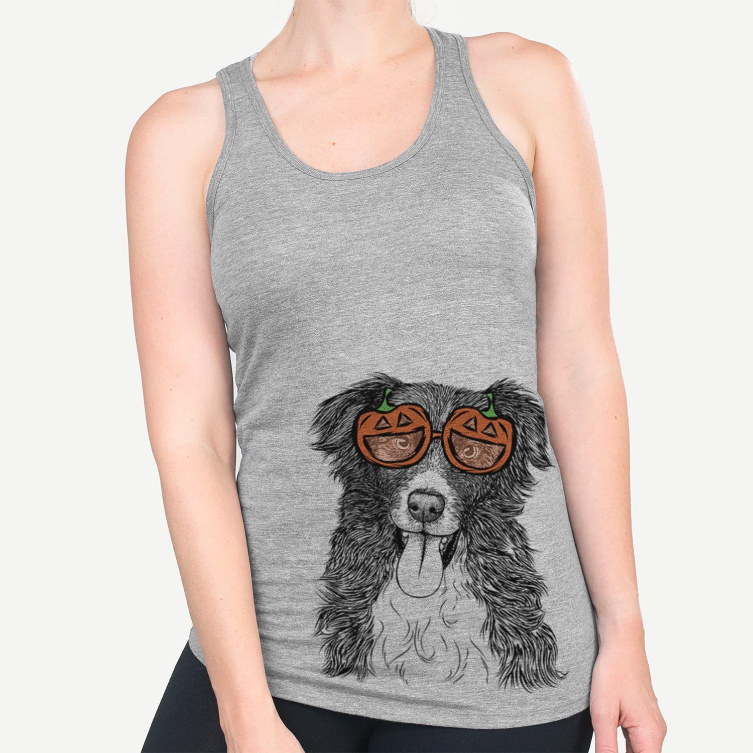 Hand-drawn sketch of Indi the Border Collie wearing pumpkin glasses on a Grey pumpkin collection