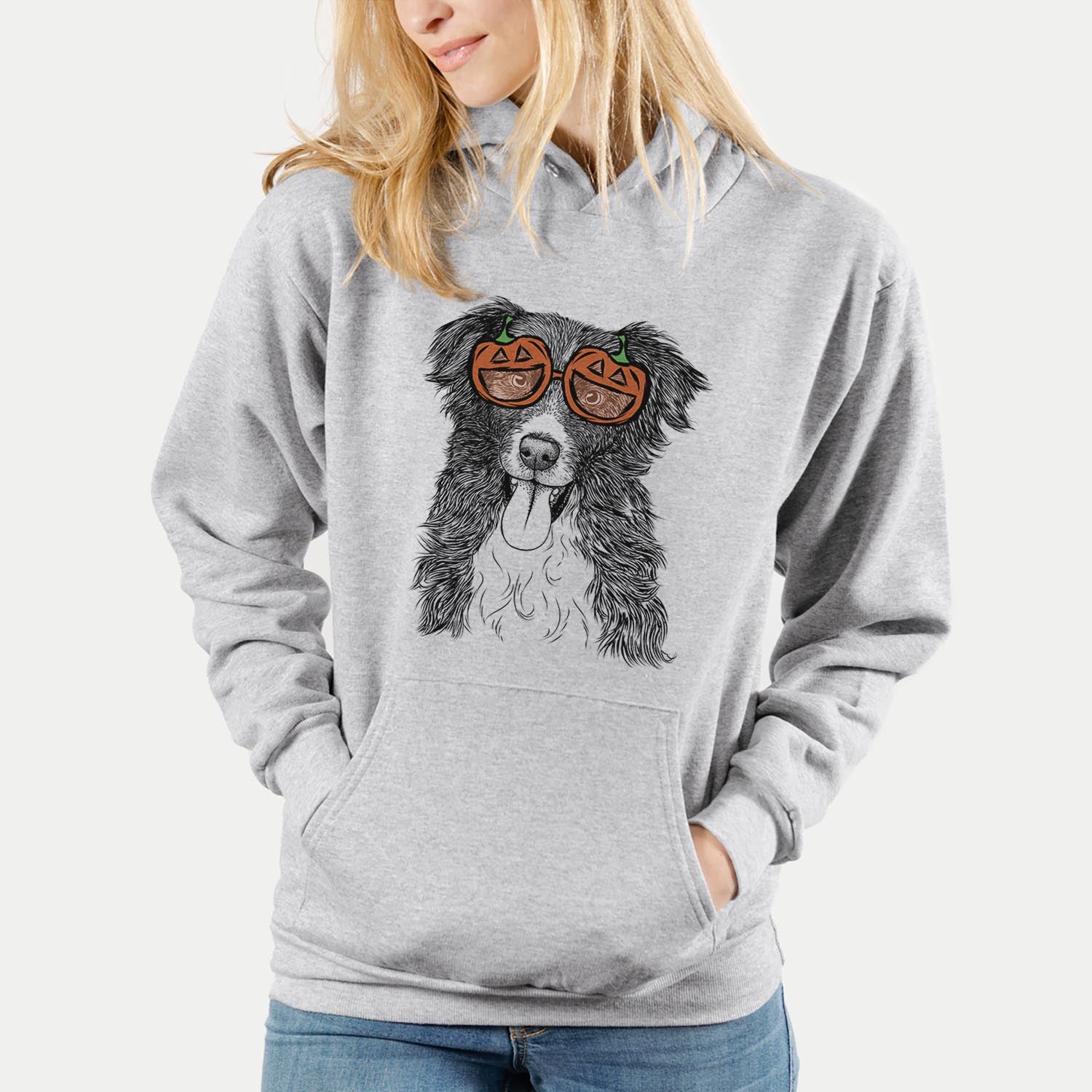 Hand-drawn sketch of Indi the Border Collie wearing pumpkin glasses on a Grey pumpkin collection
