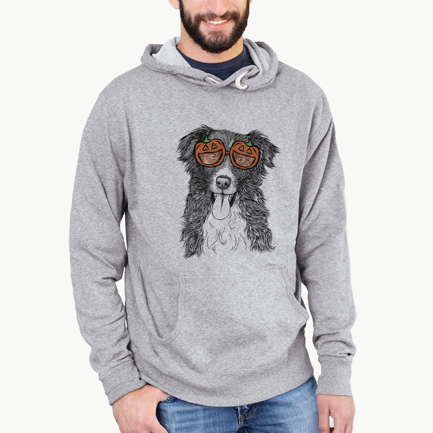 Hand-drawn sketch of Indi the Border Collie wearing pumpkin glasses on a Grey pumpkin collection