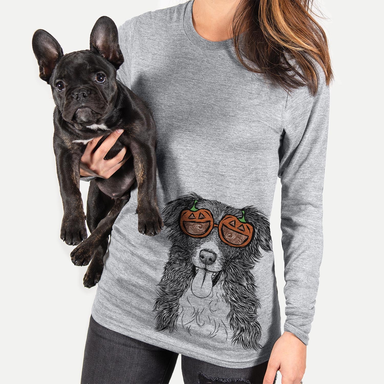 Hand-drawn sketch of Indi the Border Collie wearing pumpkin glasses on a Grey pumpkin collection