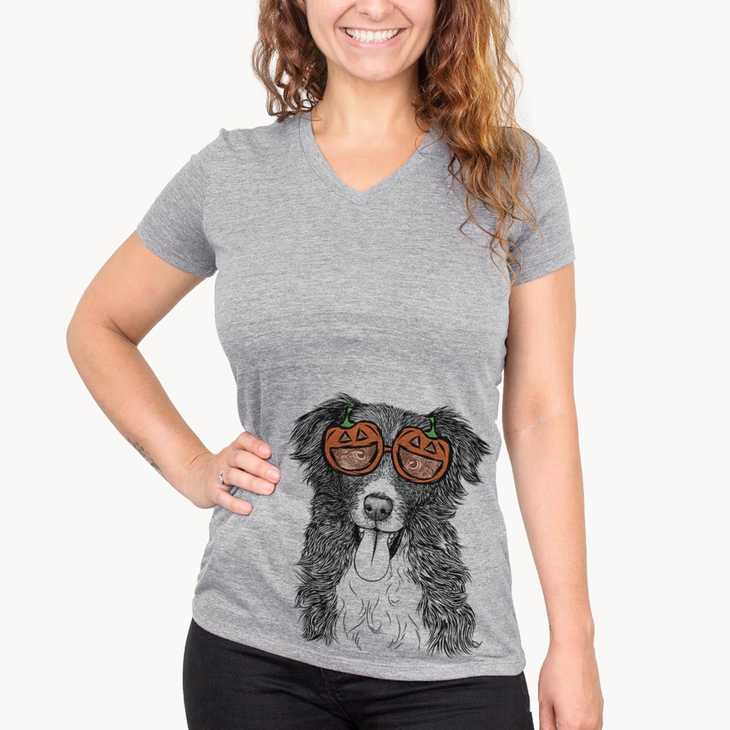 Hand-drawn sketch of Indi the Border Collie wearing pumpkin glasses on a Grey pumpkin collection