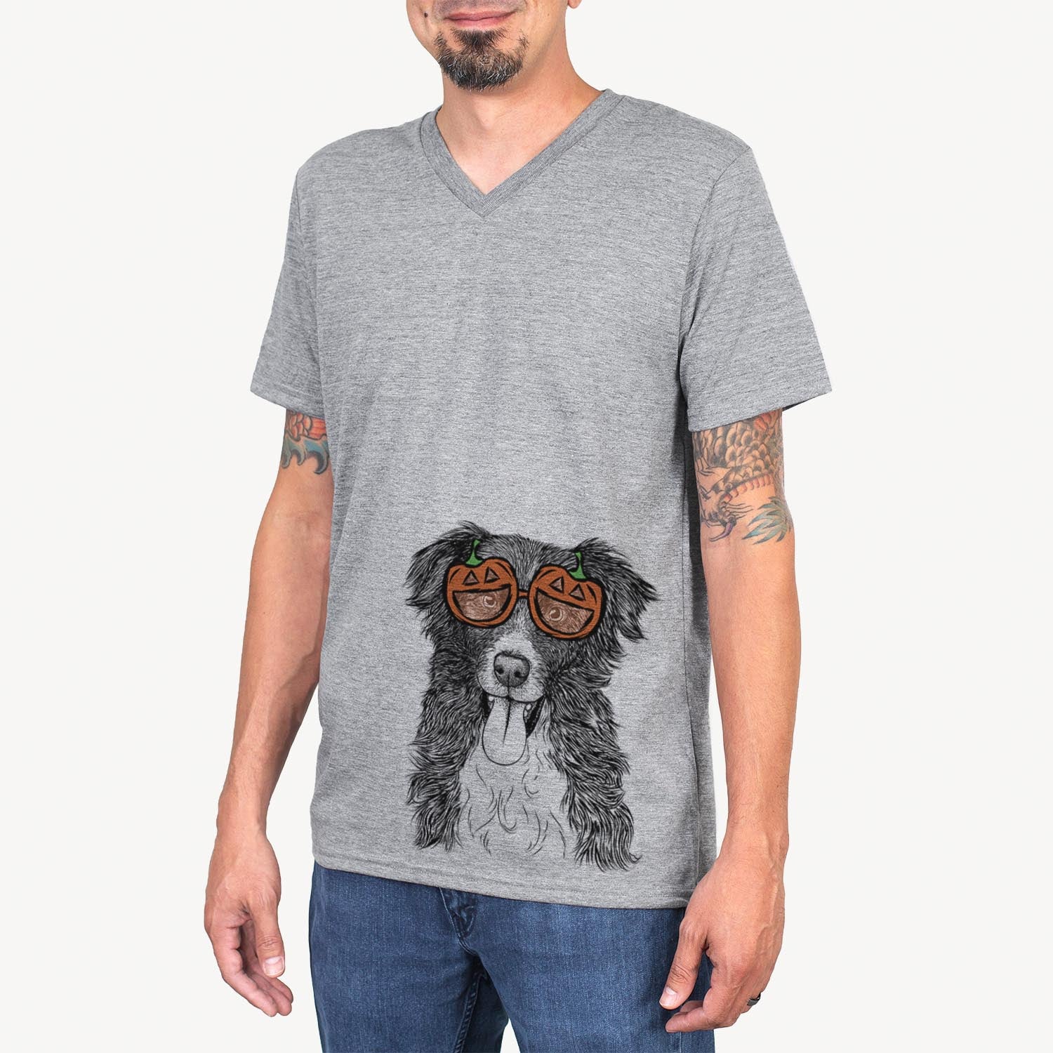 Hand-drawn sketch of Indi the Border Collie wearing pumpkin glasses on a Grey pumpkin collection