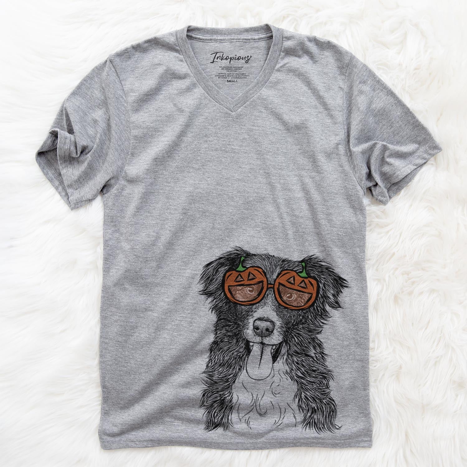 Hand-drawn sketch of Indi the Border Collie wearing pumpkin glasses on a Grey pumpkin collection