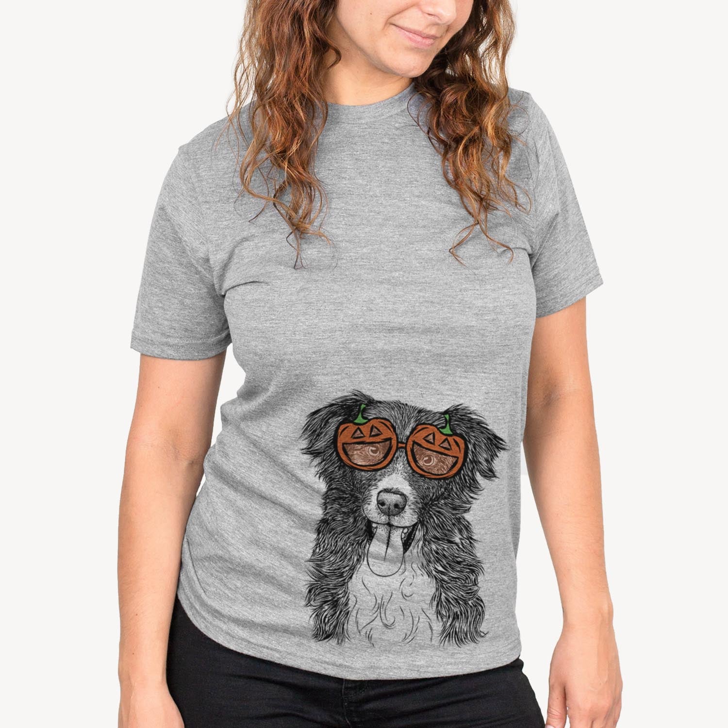 Hand-drawn sketch of Indi the Border Collie wearing pumpkin glasses on a Grey pumpkin collection, on a hanger