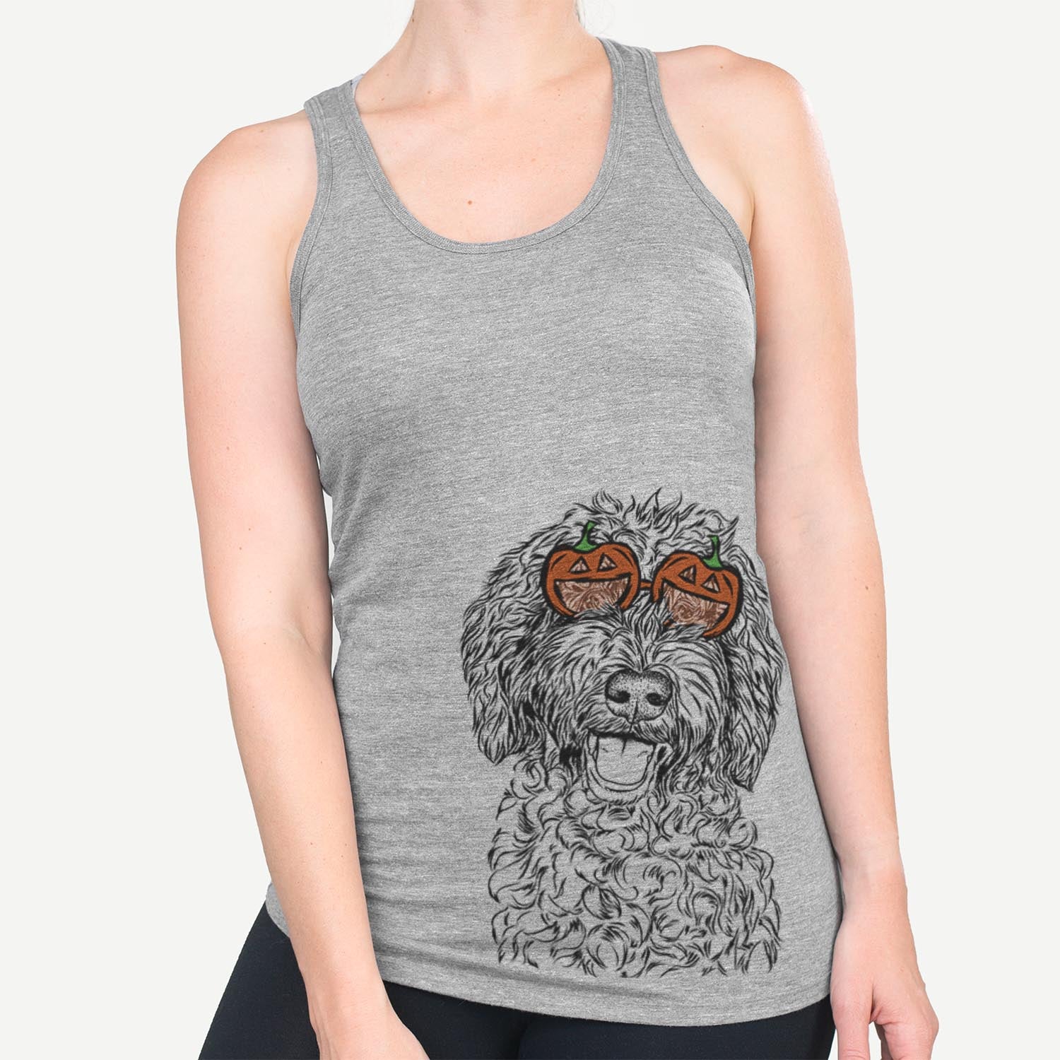 Hand-drawn sketch of Jack the Chocolate Labradoodle wearing pumpkin glasses on a Jack Doodle pumpkin collection