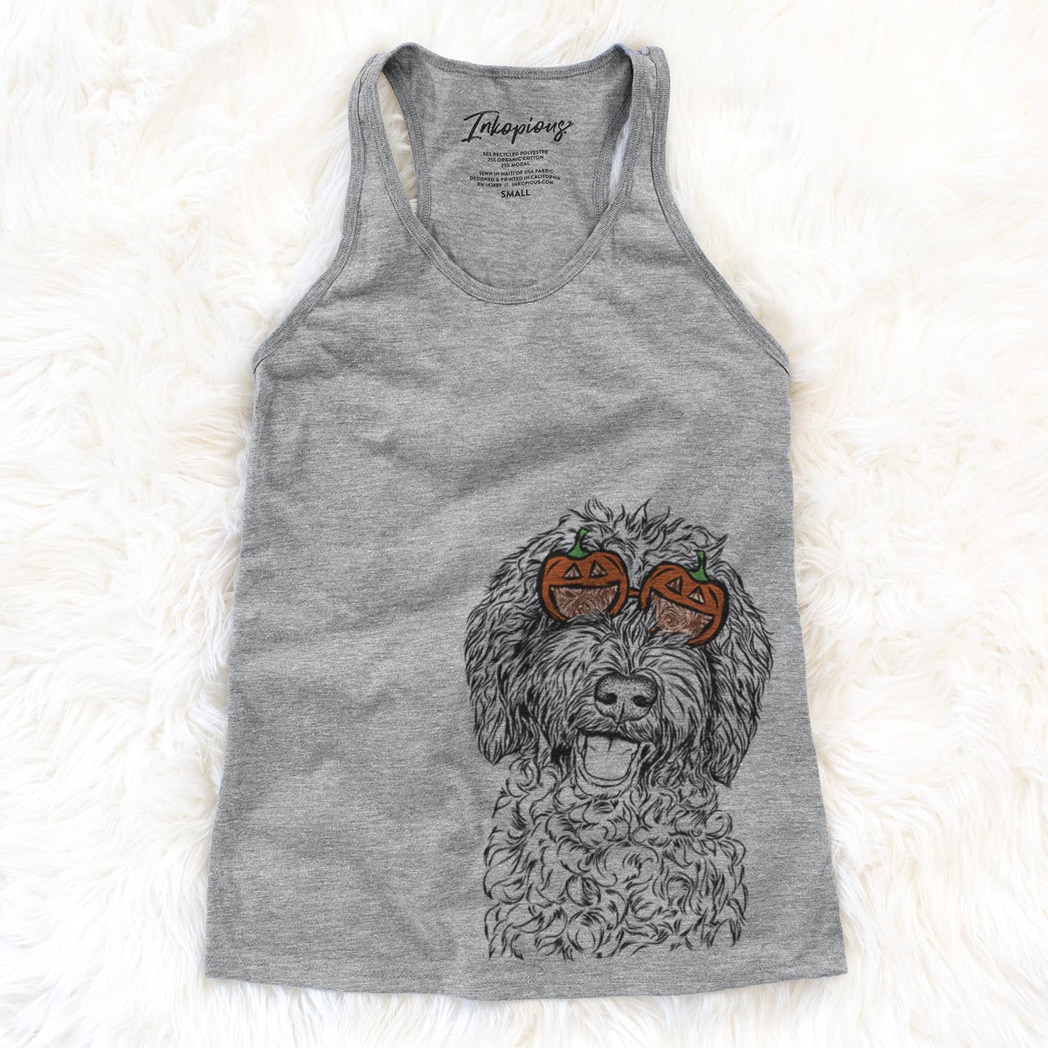 Hand-drawn sketch of Jack the Chocolate Labradoodle wearing pumpkin glasses on a Jack Doodle pumpkin collection