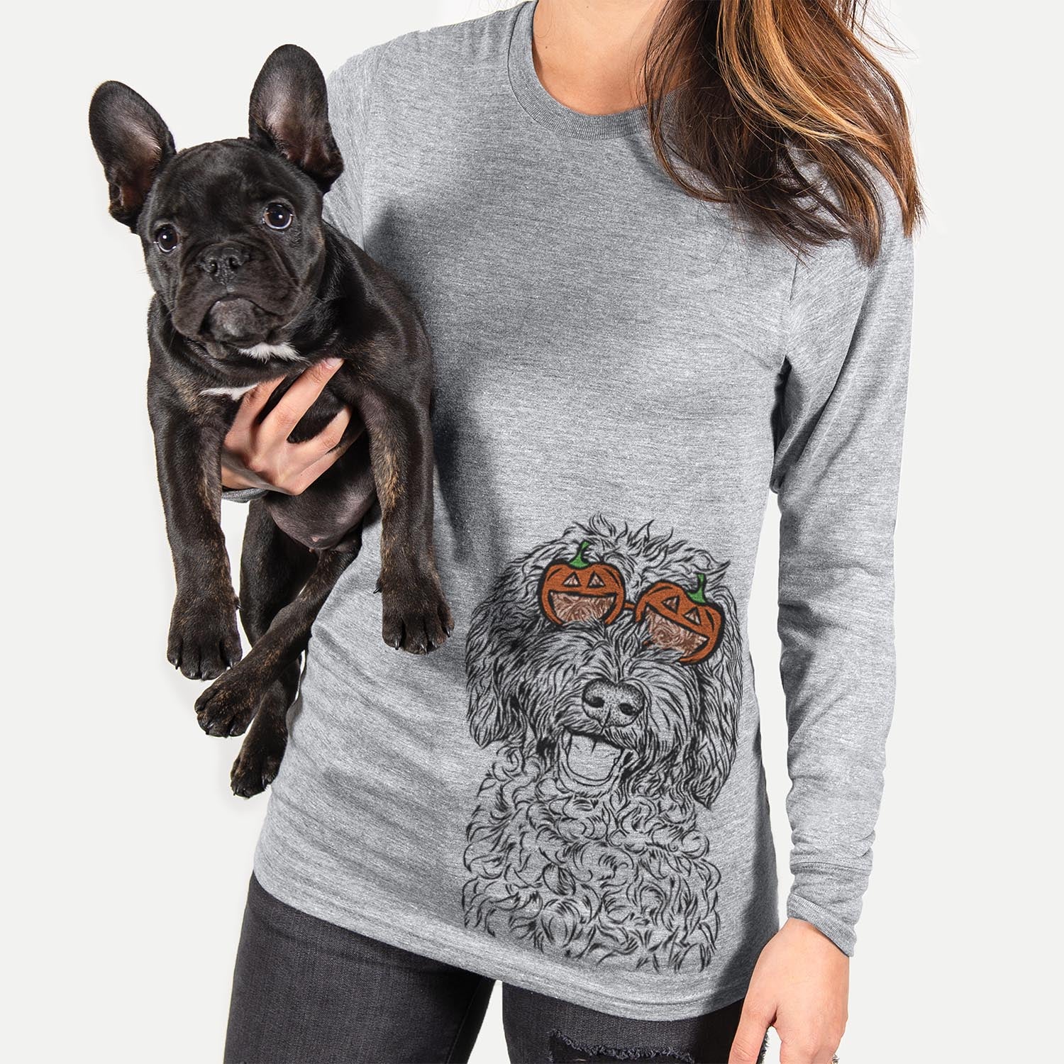 Hand-drawn sketch of Jack the Chocolate Labradoodle wearing pumpkin glasses on a Jack Doodle pumpkin collection