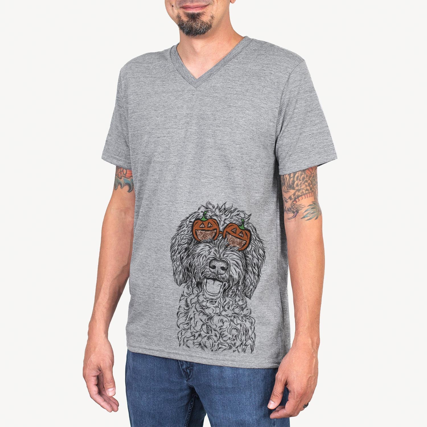 Hand-drawn sketch of Jack the Chocolate Labradoodle wearing pumpkin glasses on a Jack Doodle pumpkin collection