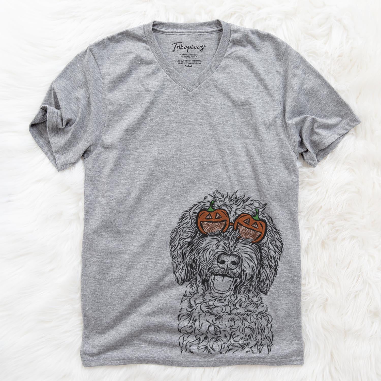 Hand-drawn sketch of Jack the Chocolate Labradoodle wearing pumpkin glasses on a Jack Doodle pumpkin collection