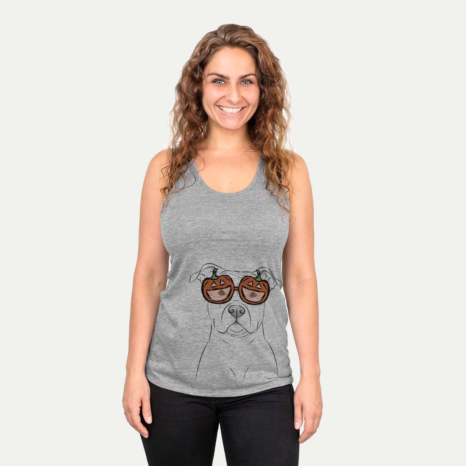 Hand-drawn sketch of Jethro the American Staffordshire Terrier wearing pumpkin glasses on a Grey pumpkin collection