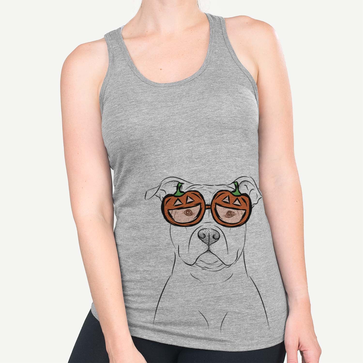 Hand-drawn sketch of Jethro the American Staffordshire Terrier wearing pumpkin glasses on a Grey pumpkin collection