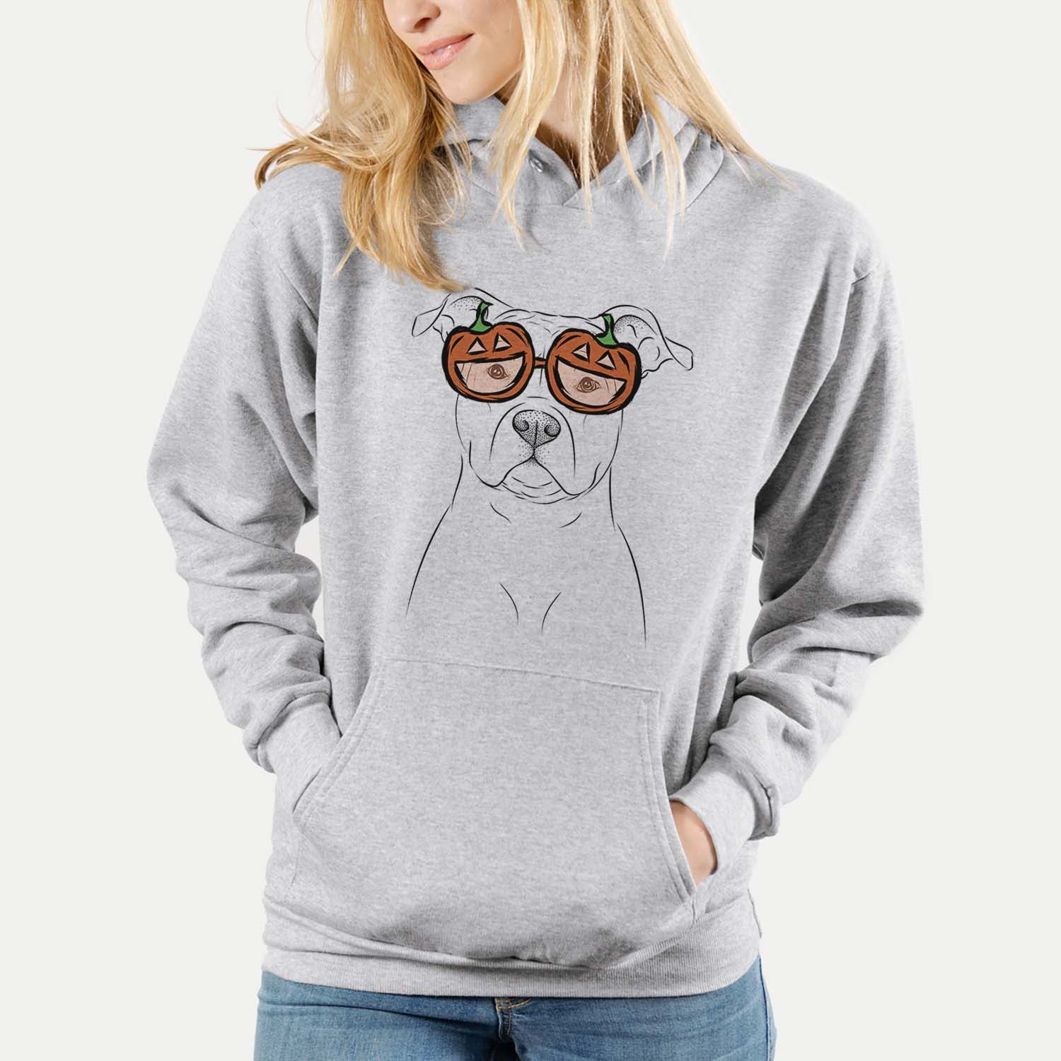 Hand-drawn sketch of Jethro the American Staffordshire Terrier wearing pumpkin glasses on a Grey pumpkin collection