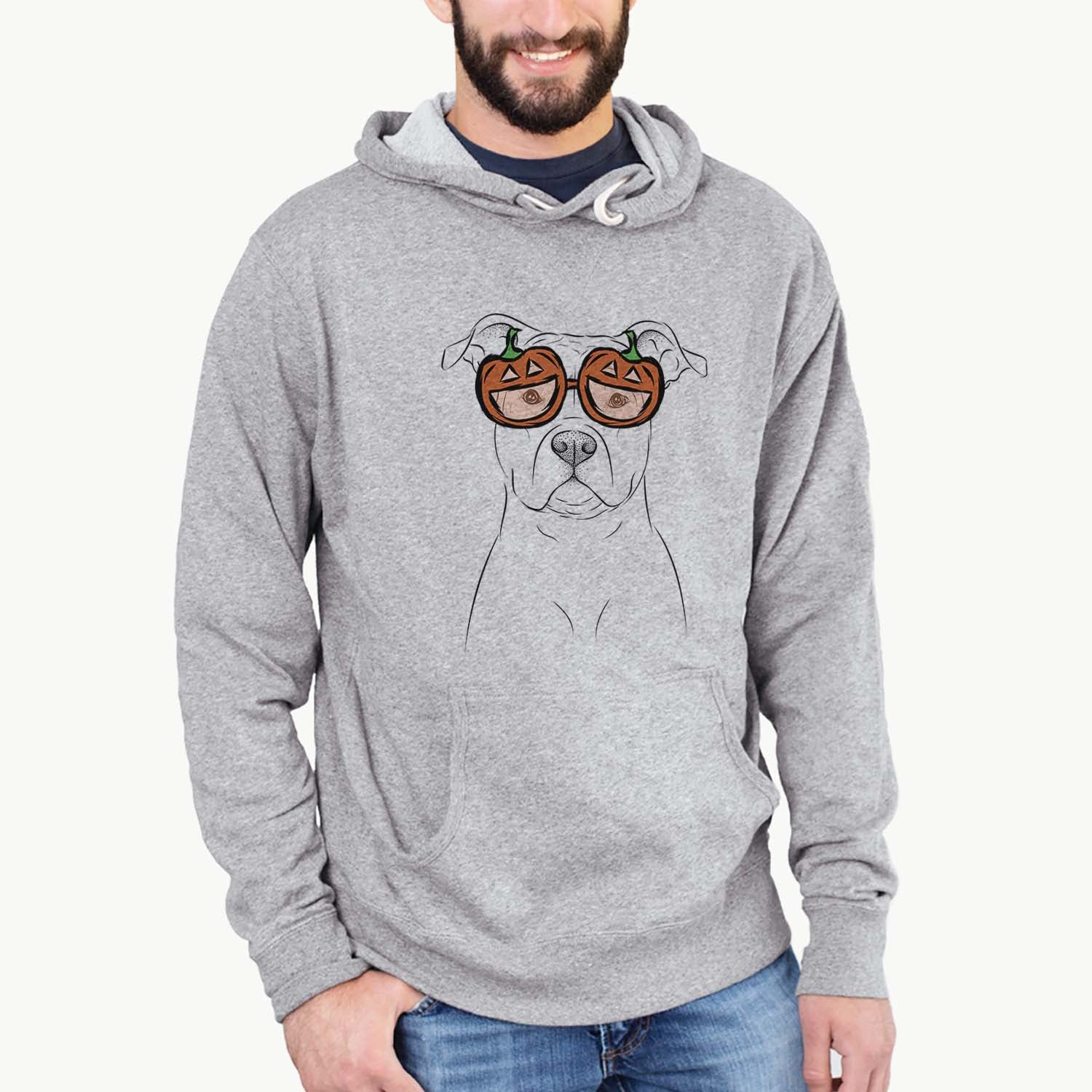 Hand-drawn sketch of Jethro the American Staffordshire Terrier wearing pumpkin glasses on a Grey pumpkin collection