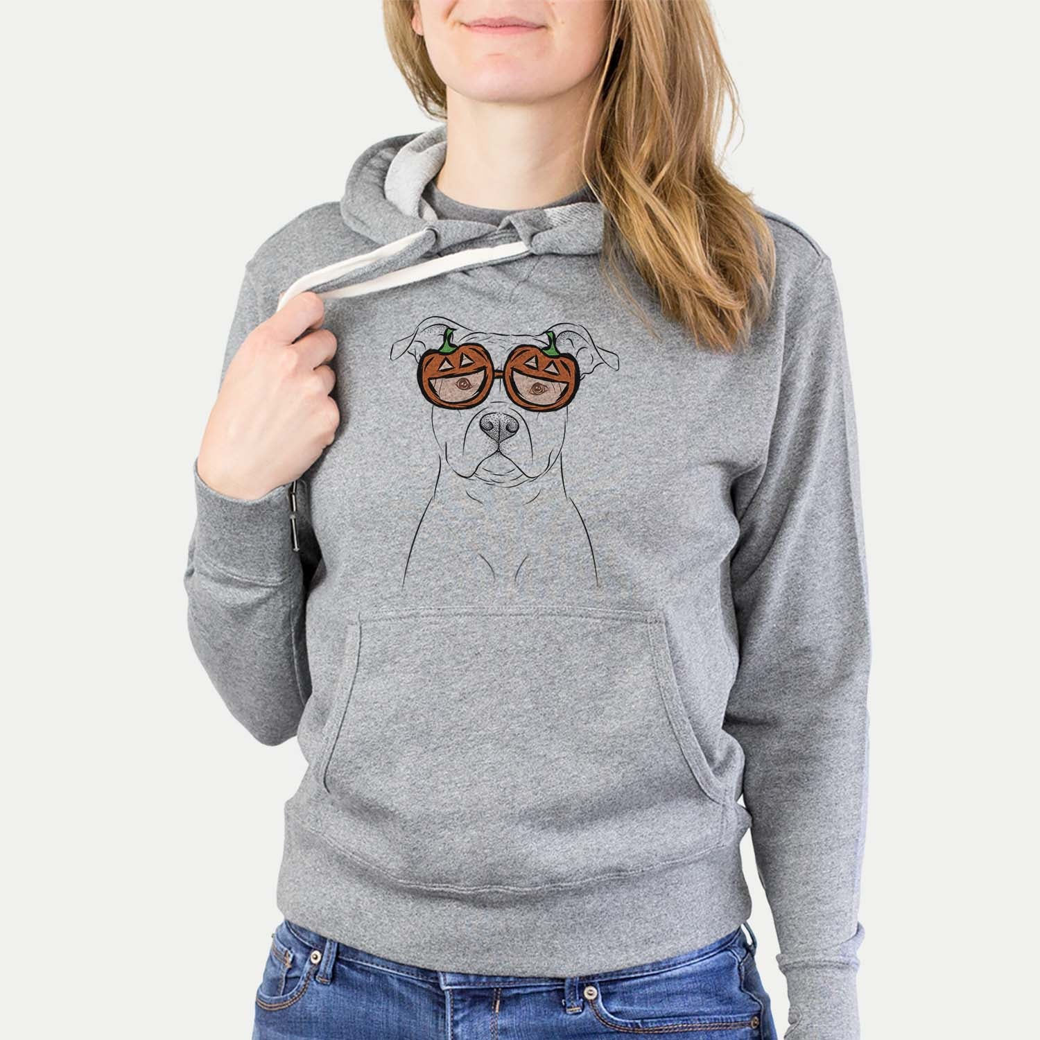 Hand-drawn sketch of Jethro the American Staffordshire Terrier wearing pumpkin glasses on a Grey pumpkin collection, hanging on a wall