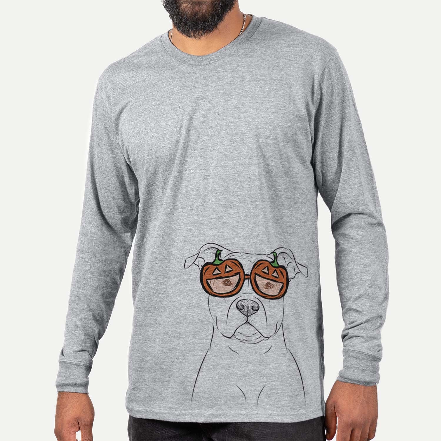 Hand-drawn sketch of Jethro the American Staffordshire Terrier wearing pumpkin glasses on a Grey pumpkin collection, hanging on a wall