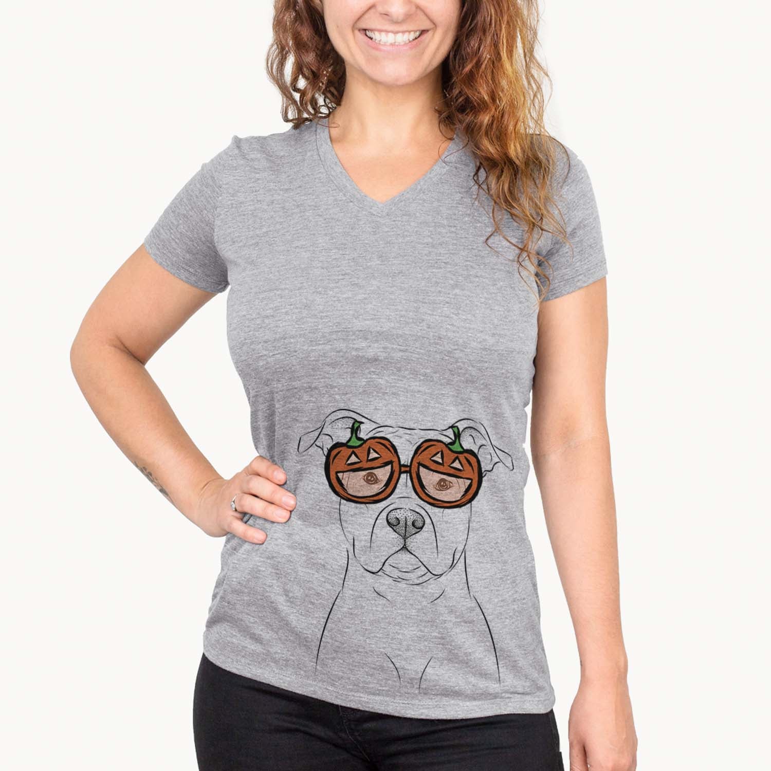 Hand-drawn sketch of Jethro the American Staffordshire Terrier wearing pumpkin glasses on a Grey pumpkin collection