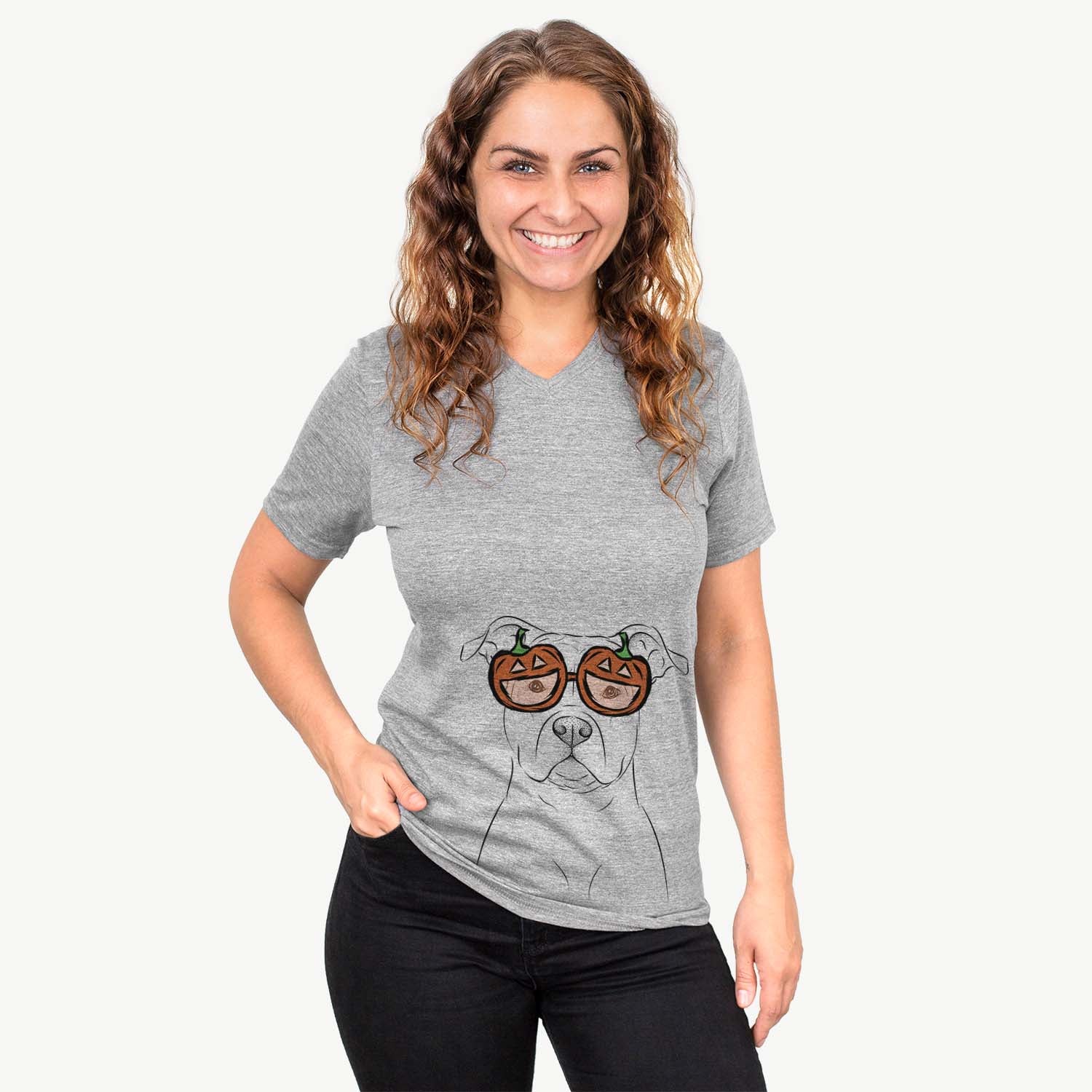 Hand-drawn sketch of Jethro the American Staffordshire Terrier wearing pumpkin glasses on a Grey pumpkin collection