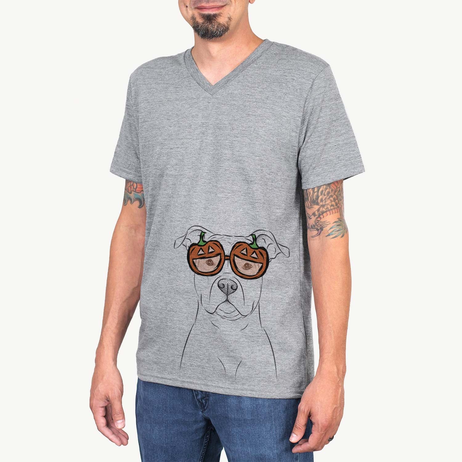 Hand-drawn sketch of Jethro the American Staffordshire Terrier wearing pumpkin glasses on a Grey pumpkin collection
