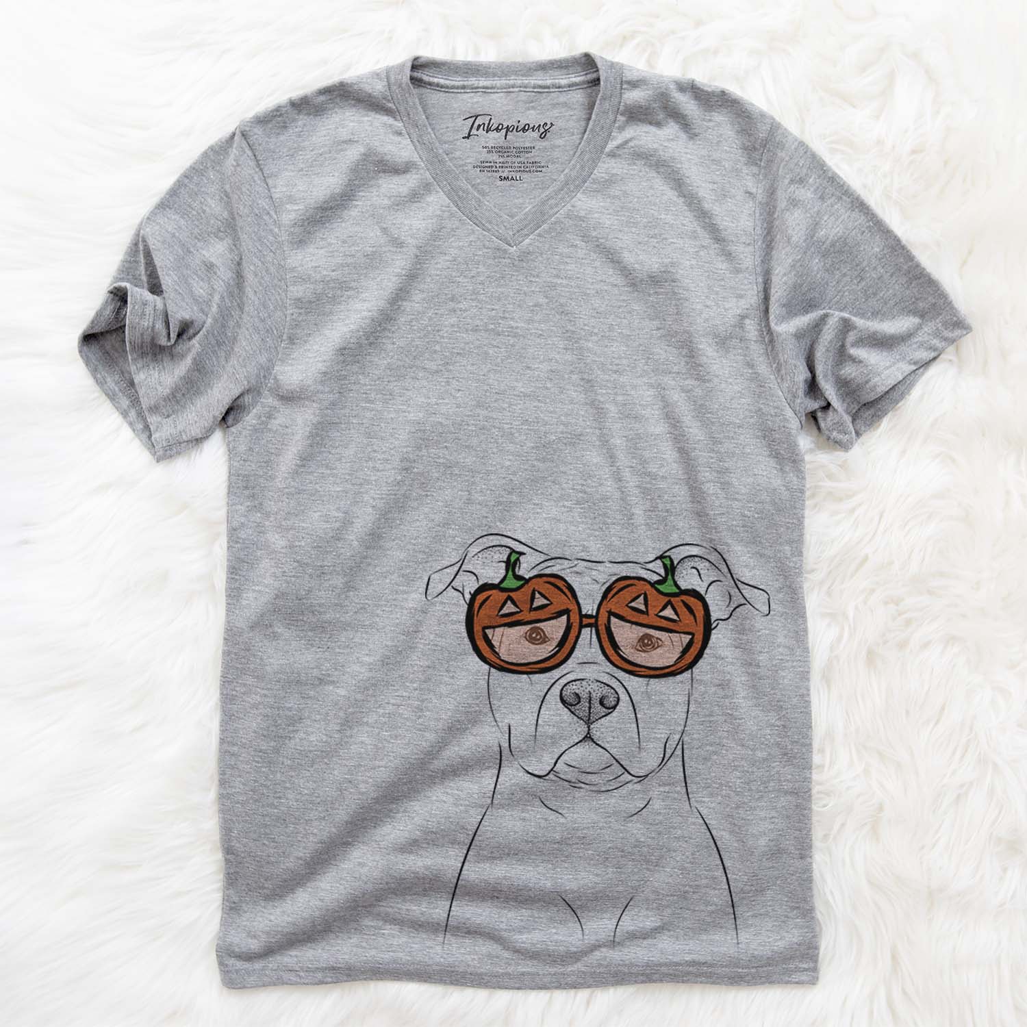 Hand-drawn sketch of Jethro the American Staffordshire Terrier wearing pumpkin glasses on a Grey pumpkin collection