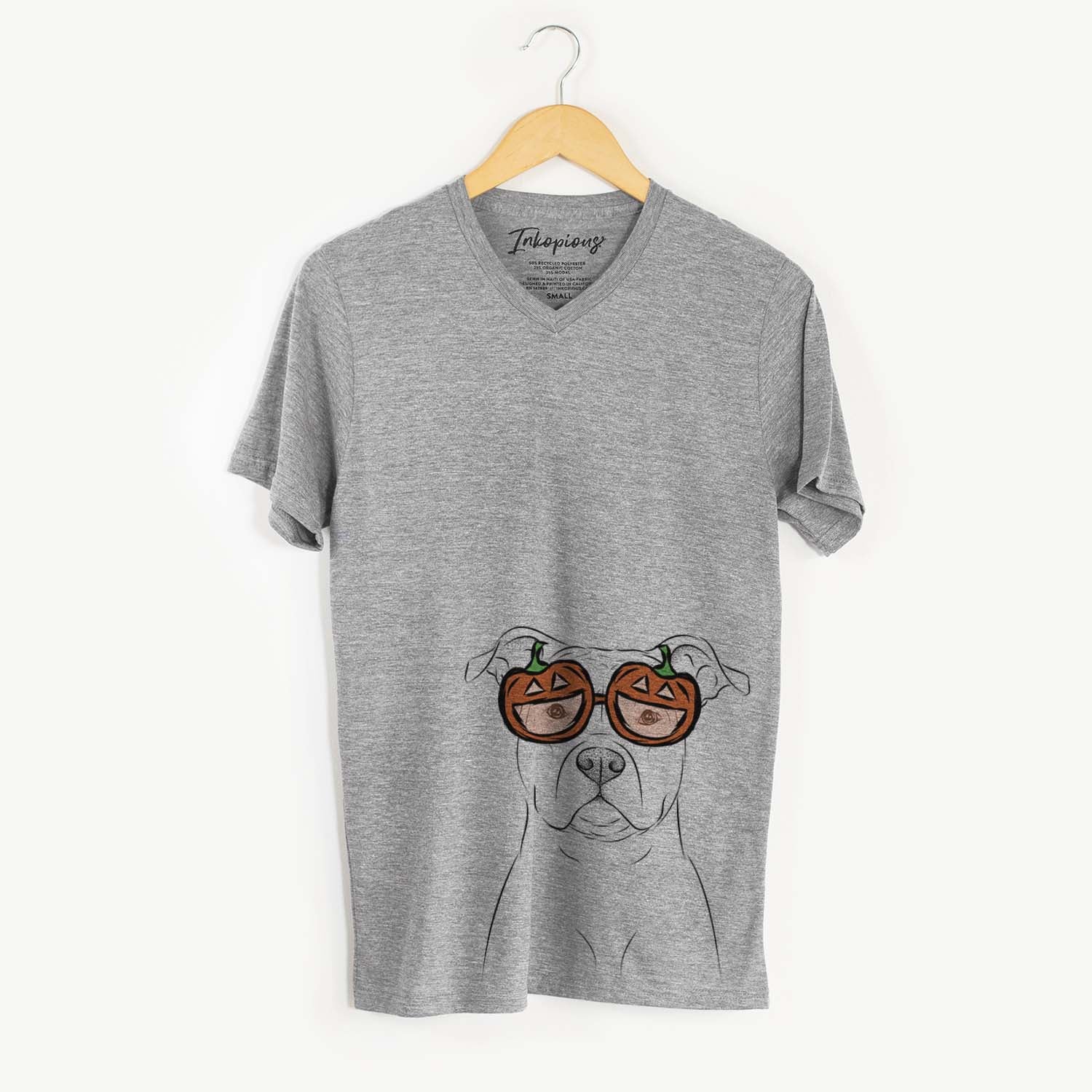 Hand-drawn sketch of Jethro the American Staffordshire Terrier wearing pumpkin glasses on a Grey pumpkin collection