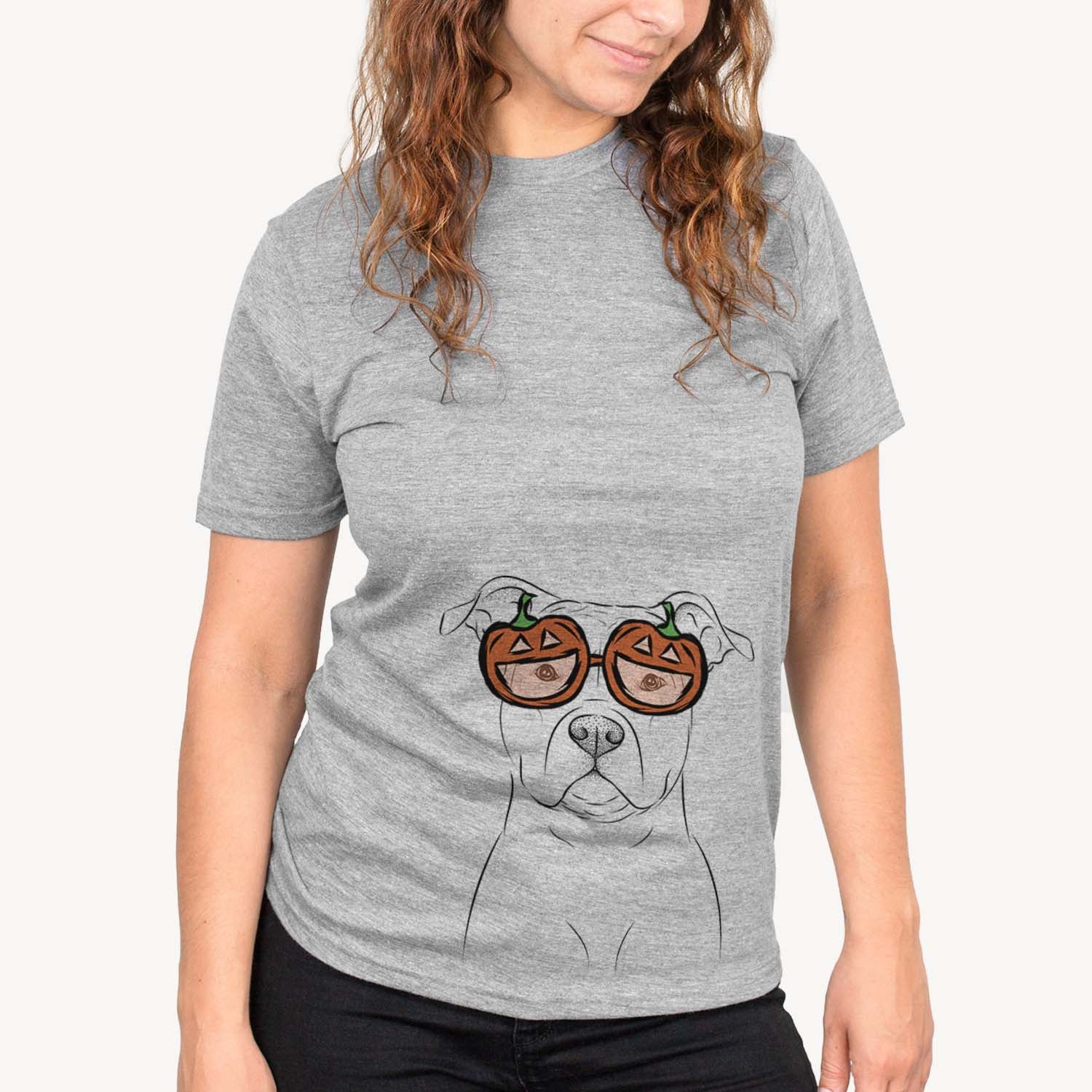 Hand-drawn sketch of Jethro the American Staffordshire Terrier wearing pumpkin glasses on a Grey pumpkin collection, on a hanger