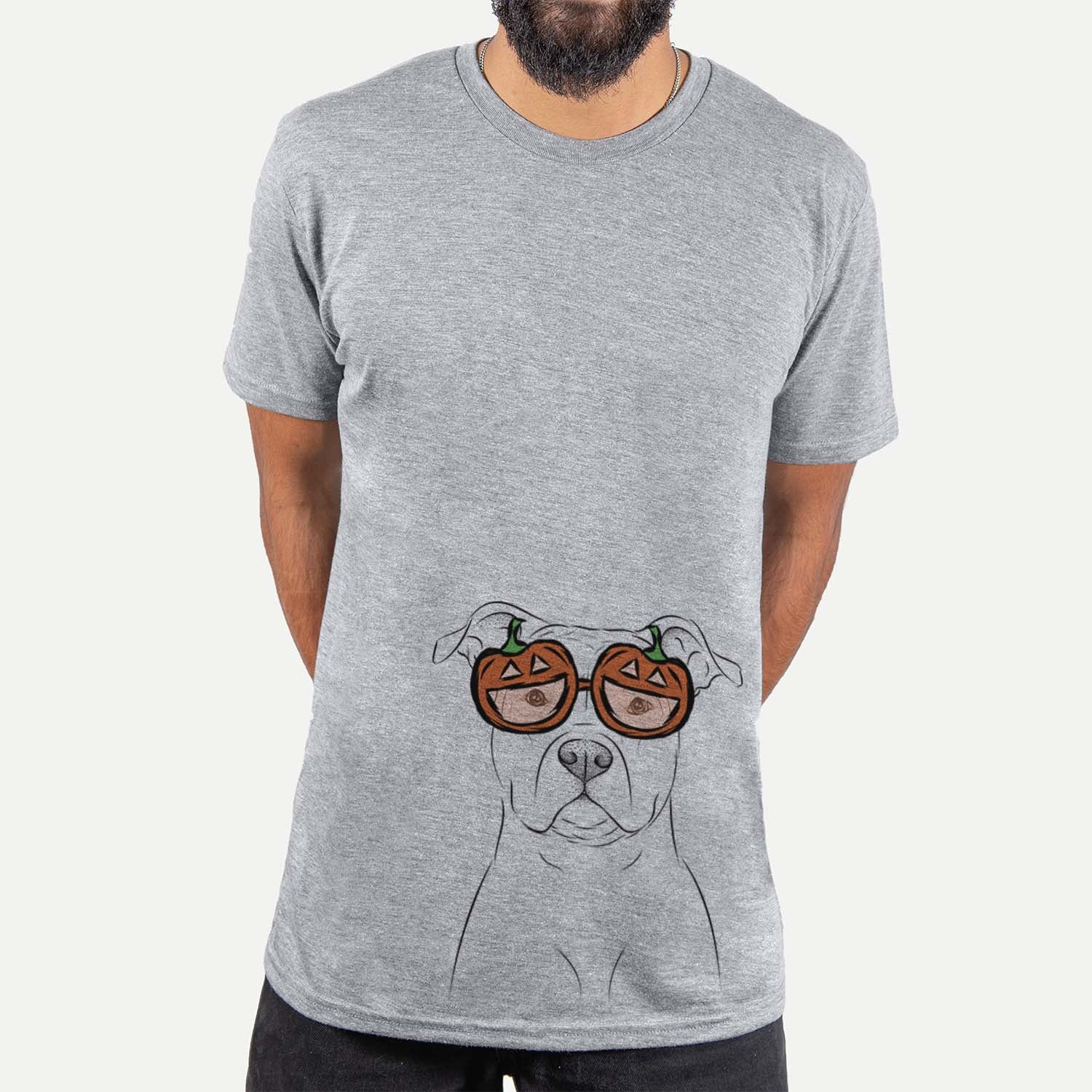 Hand-drawn sketch of Jethro the American Staffordshire Terrier wearing pumpkin glasses on a Grey pumpkin collection, hanging on a wall