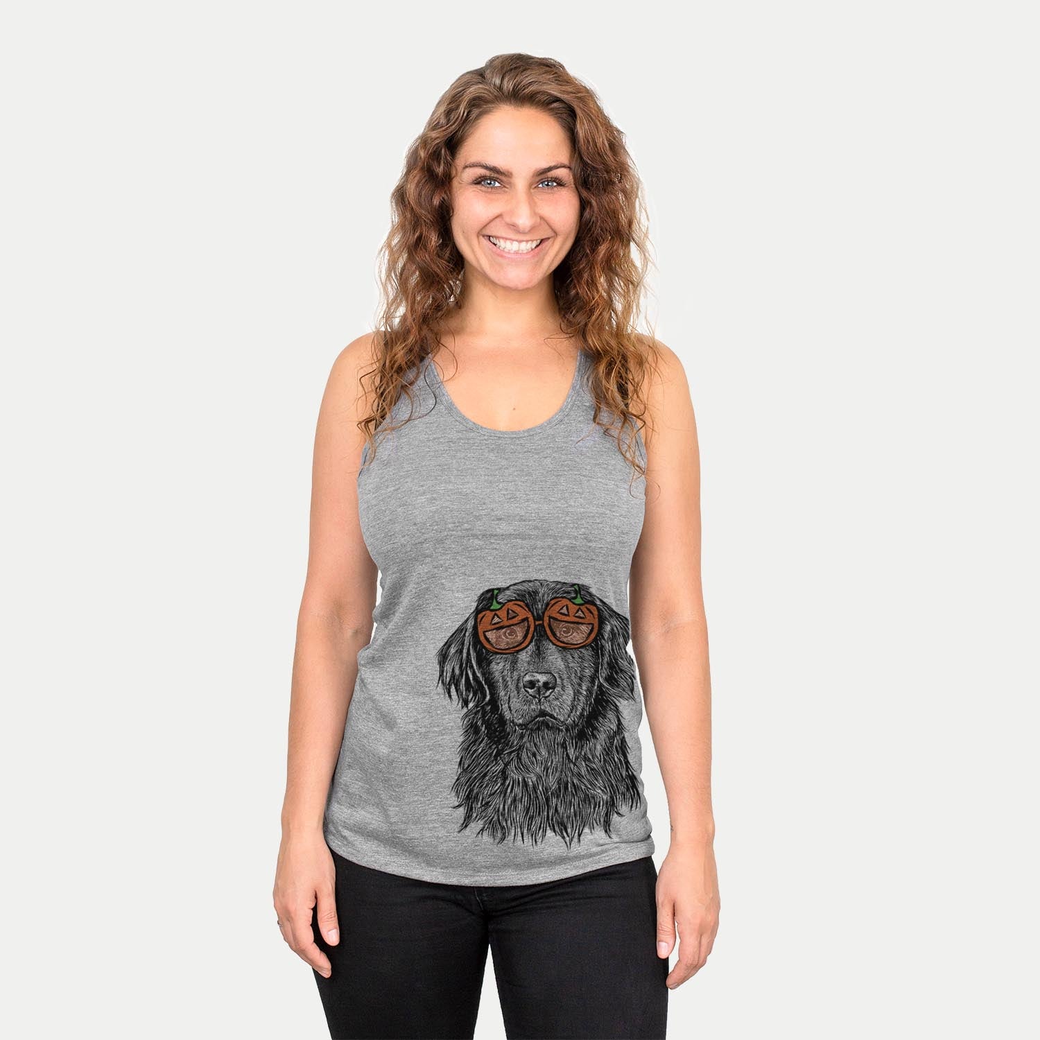 Hand-drawn sketch of Jinx the Newfoundland wearing pumpkin glasses on a Grey pumpkin collection