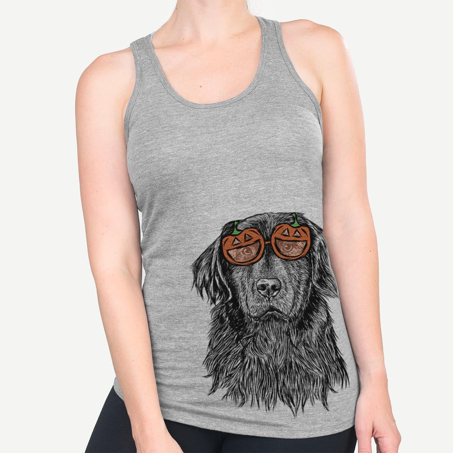 Hand-drawn sketch of Jinx the Newfoundland wearing pumpkin glasses on a Grey pumpkin collection