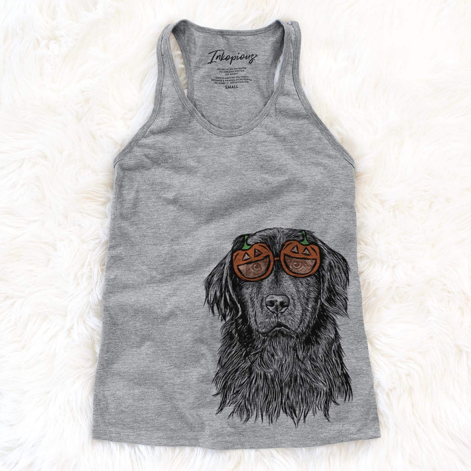 Hand-drawn sketch of Jinx the Newfoundland wearing pumpkin glasses on a Grey pumpkin collection