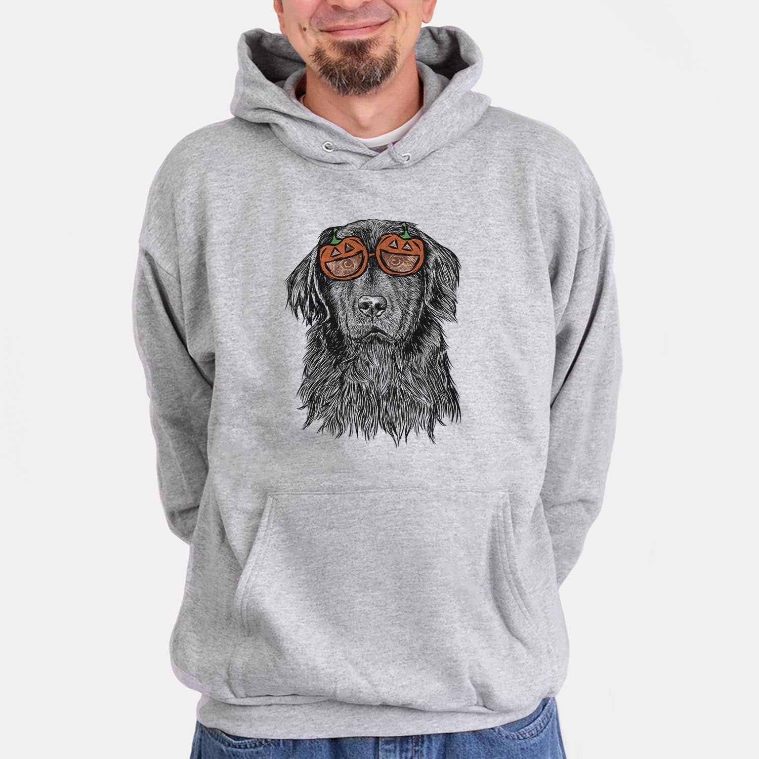 Hand-drawn sketch of Jinx the Newfoundland wearing pumpkin glasses on a Grey pumpkin collection, hanging on a wall