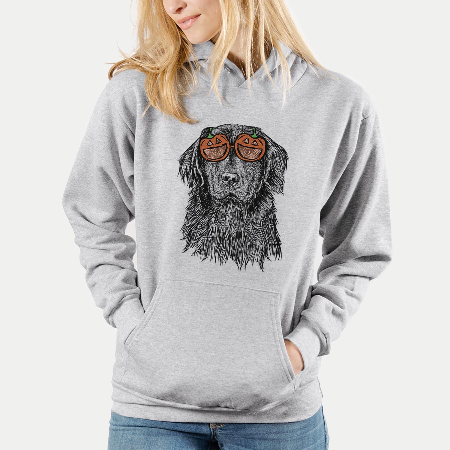 Hand-drawn sketch of Jinx the Newfoundland wearing pumpkin glasses on a Grey pumpkin collection