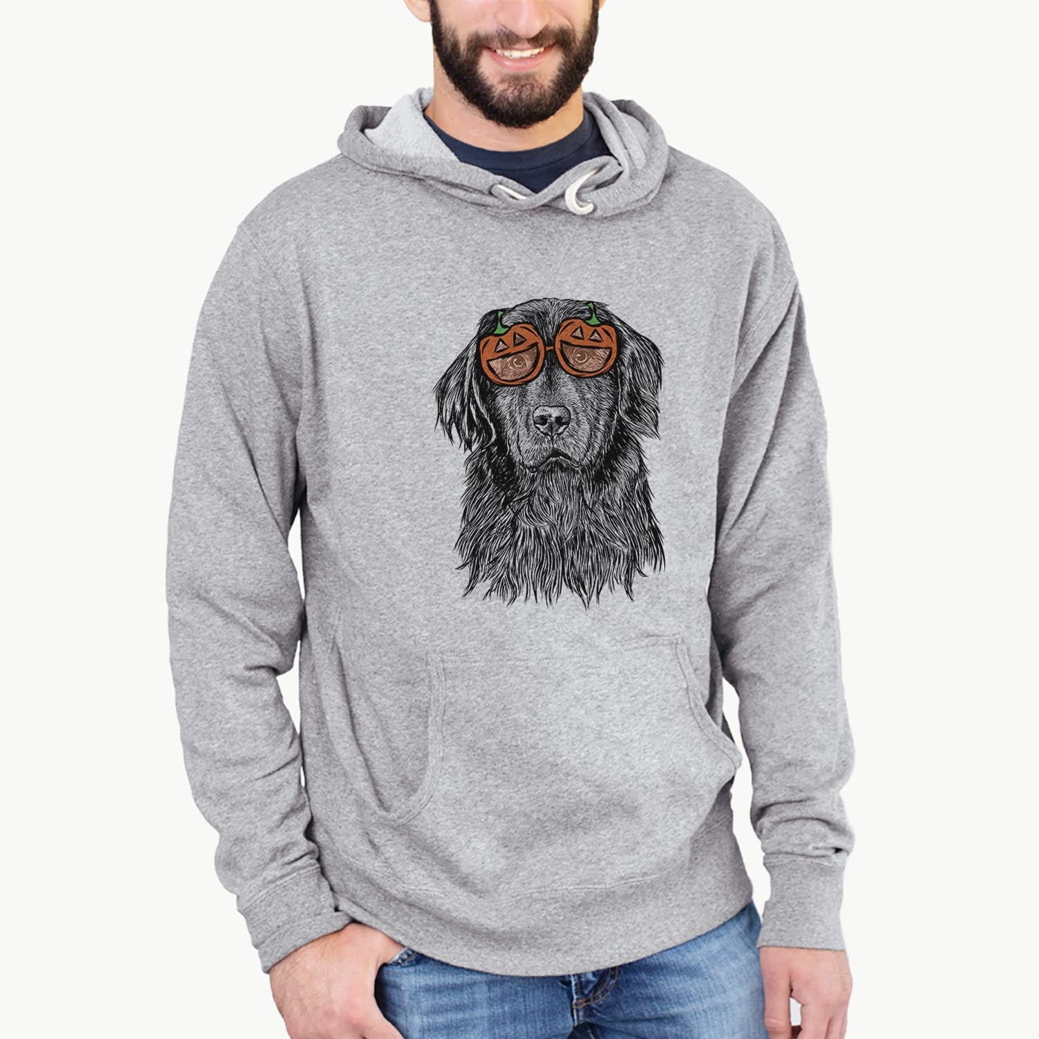 Hand-drawn sketch of Jinx the Newfoundland wearing pumpkin glasses on a Grey pumpkin collection