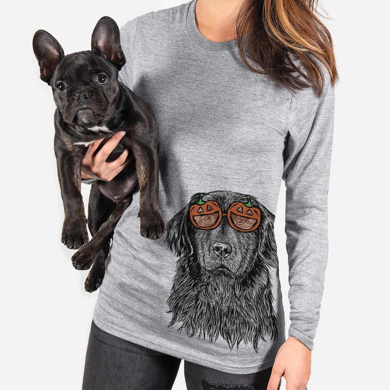 Hand-drawn sketch of Jinx the Newfoundland wearing pumpkin glasses on a Grey pumpkin collection
