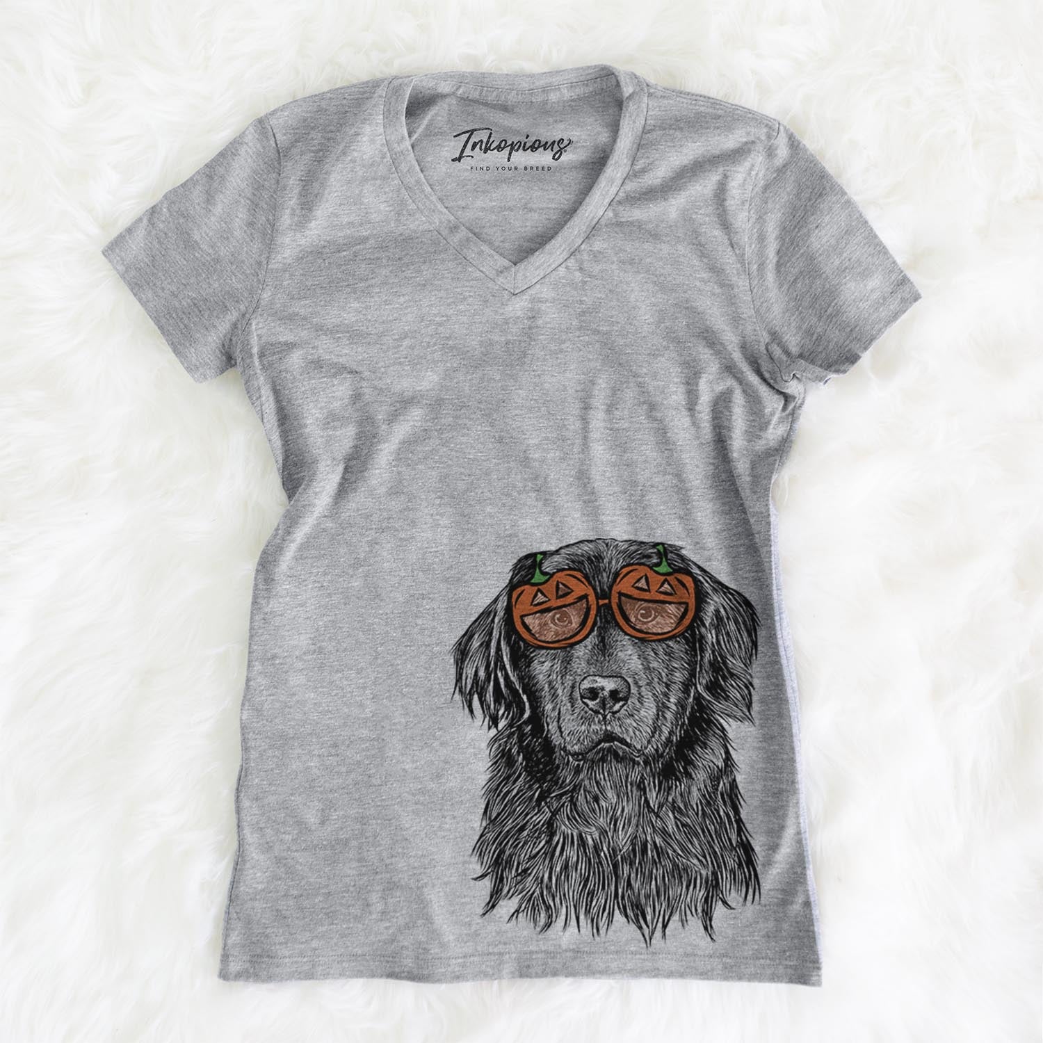 Hand-drawn sketch of Jinx the Newfoundland wearing pumpkin glasses on a Grey pumpkin collection, on a hanger