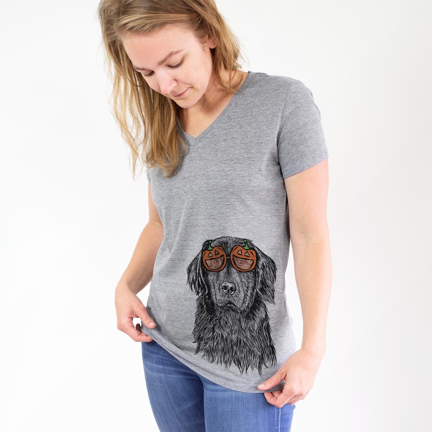 Hand-drawn sketch of Jinx the Newfoundland wearing pumpkin glasses on a Grey pumpkin collection