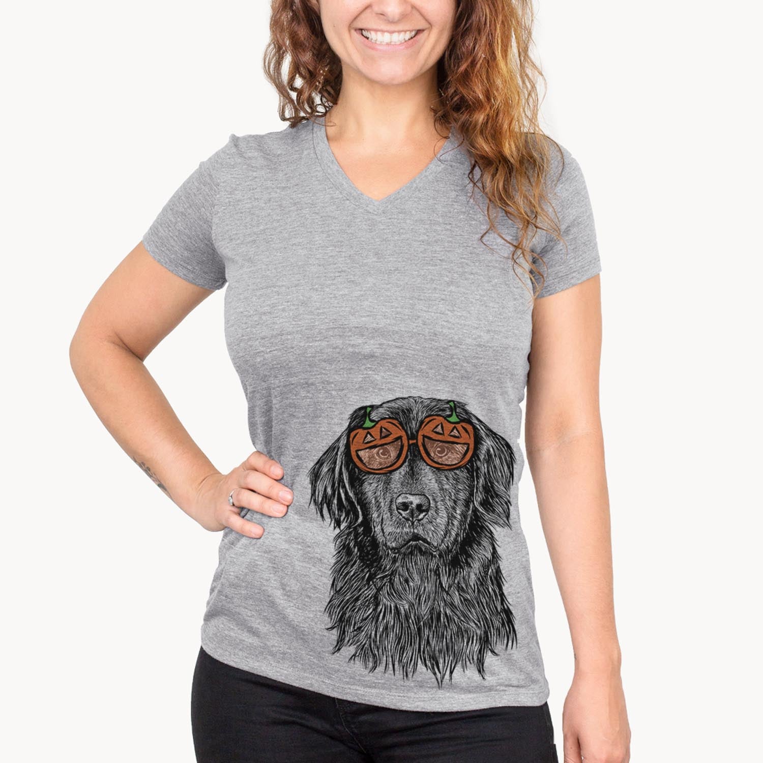 Hand-drawn sketch of Jinx the Newfoundland wearing pumpkin glasses on a Grey pumpkin collection