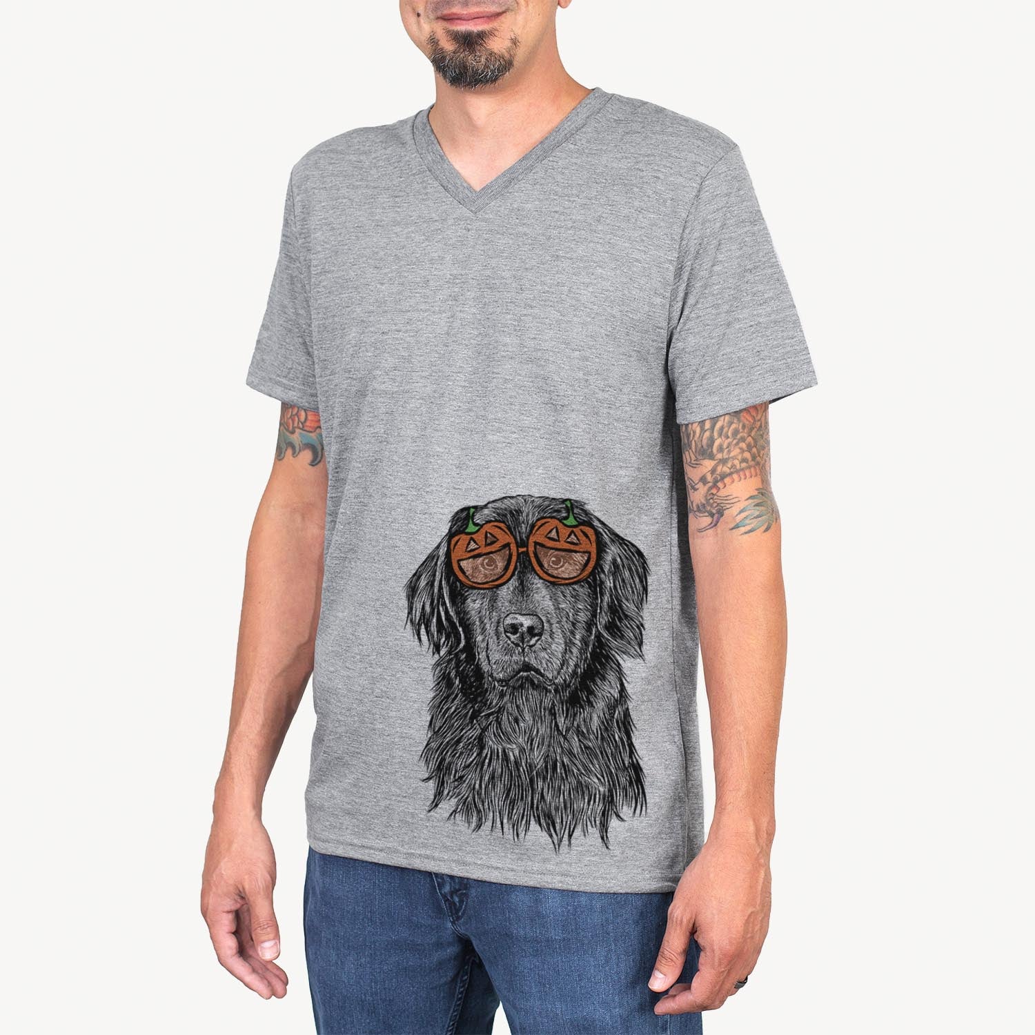 Hand-drawn sketch of Jinx the Newfoundland wearing pumpkin glasses on a Grey pumpkin collection