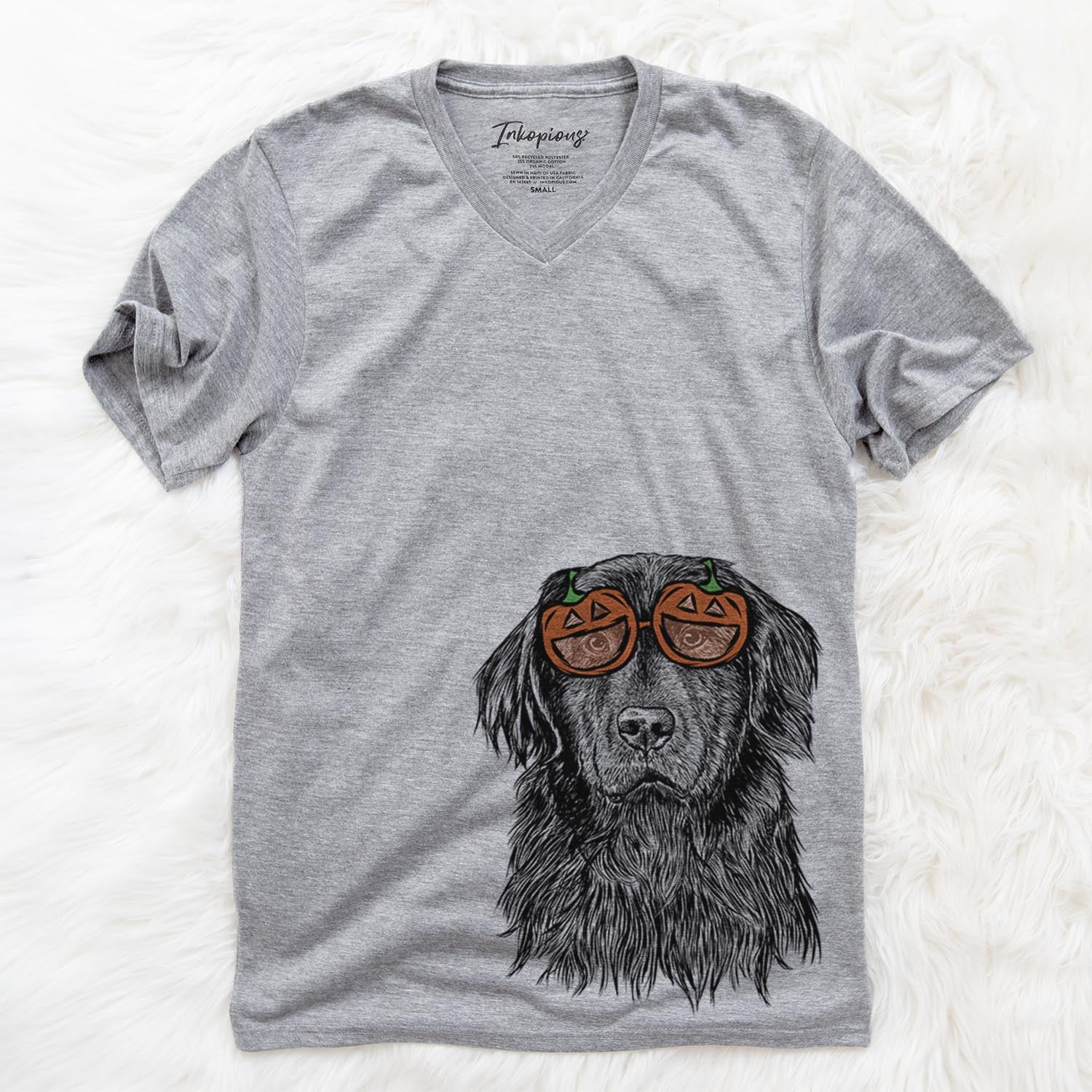 Hand-drawn sketch of Jinx the Newfoundland wearing pumpkin glasses on a Grey pumpkin collection