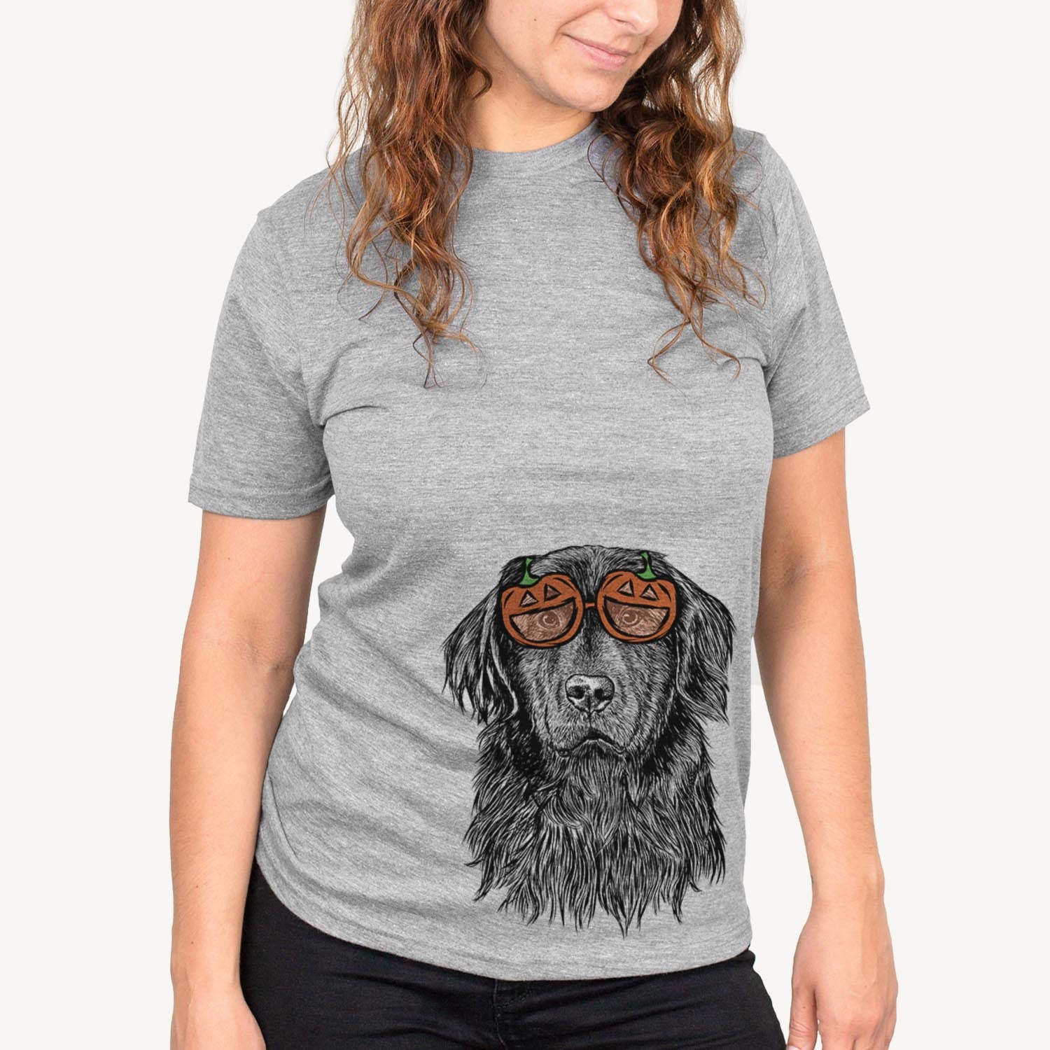 Hand-drawn sketch of Jinx the Newfoundland wearing pumpkin glasses on a Grey pumpkin collection, on a hanger