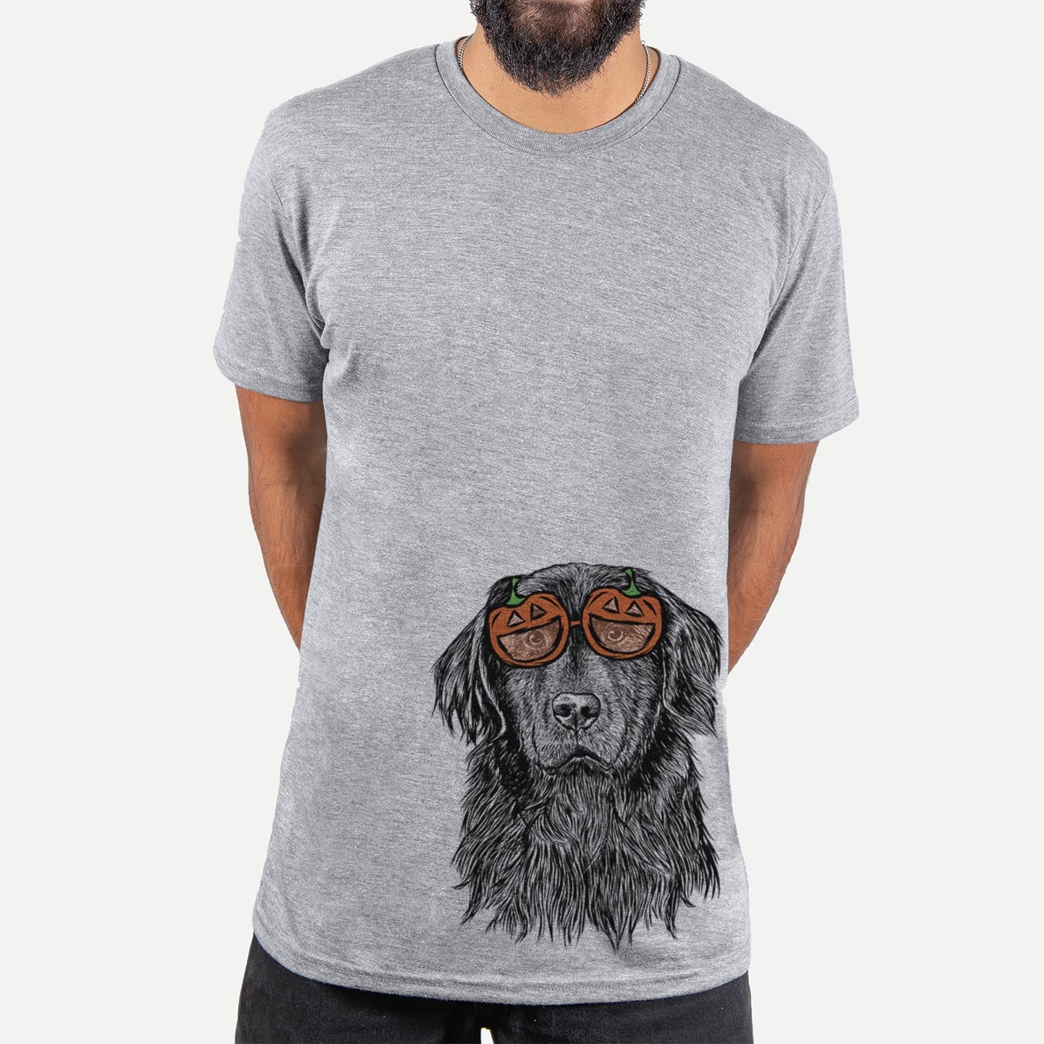 Hand-drawn sketch of Jinx the Newfoundland wearing pumpkin glasses on a Grey pumpkin collection, hanging on a wall