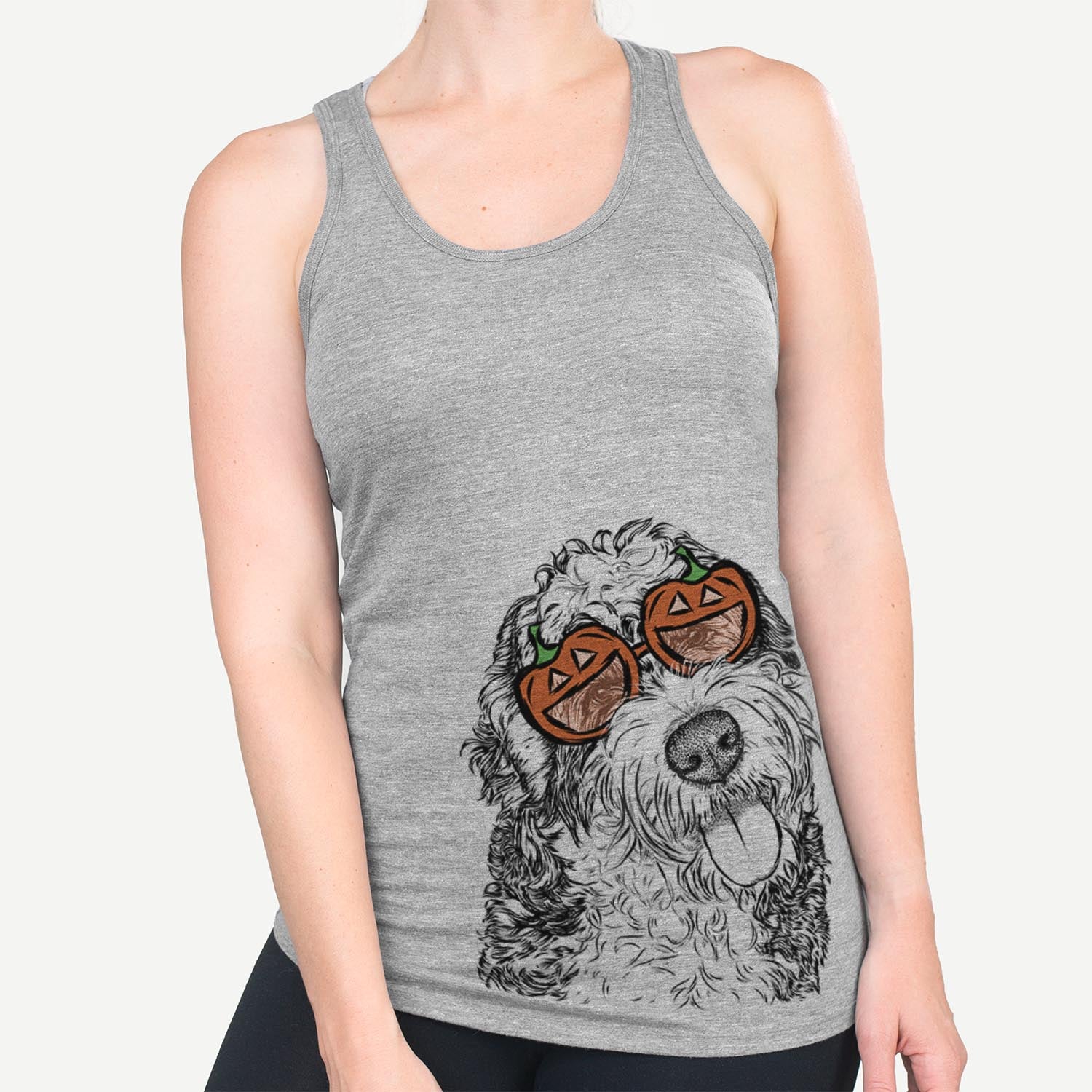 Hand-drawn sketch of Kaci the Bernedoodle wearing pumpkin glasses on a Grey pumpkin collection