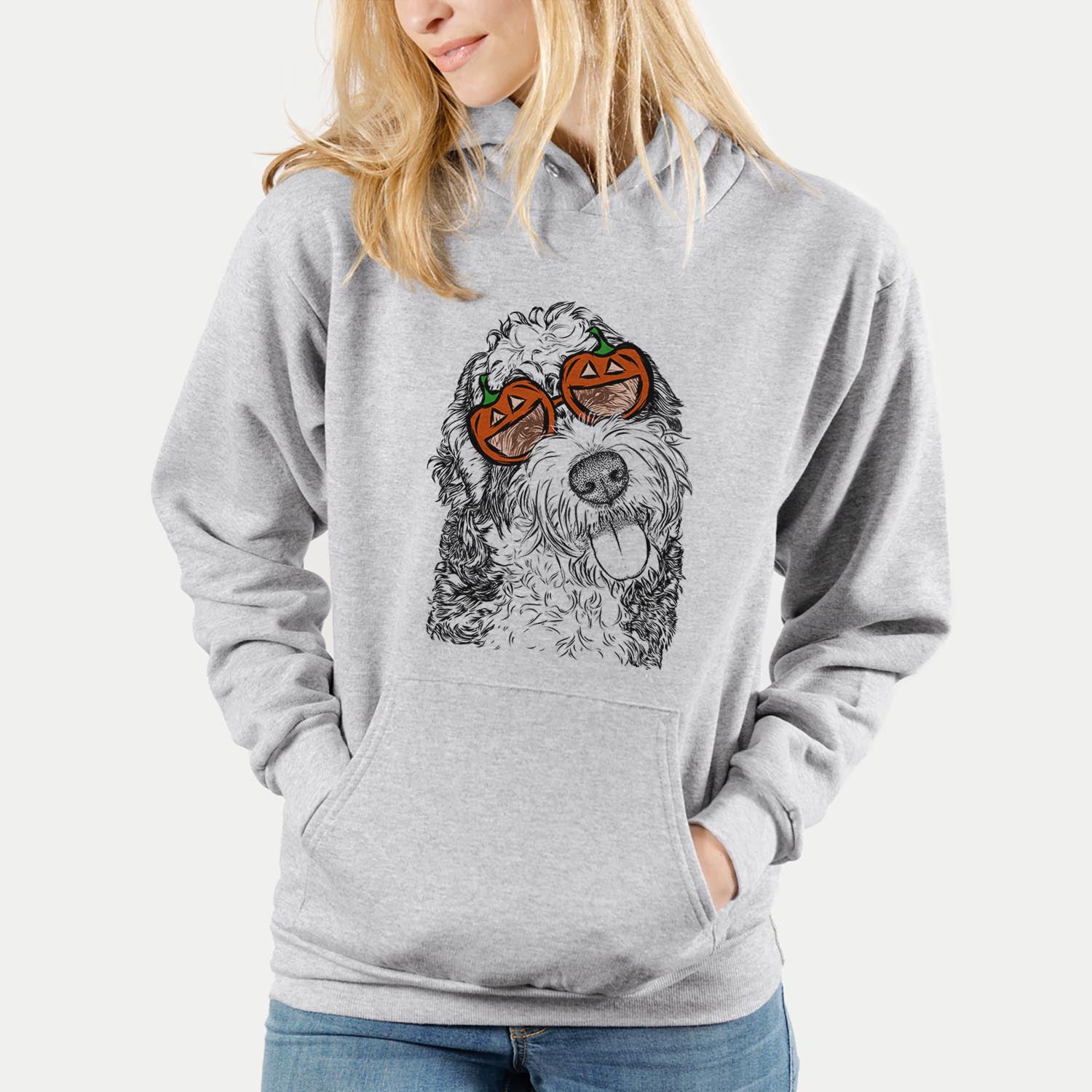 Hand-drawn sketch of Kaci the Bernedoodle wearing pumpkin glasses on a Grey pumpkin collection