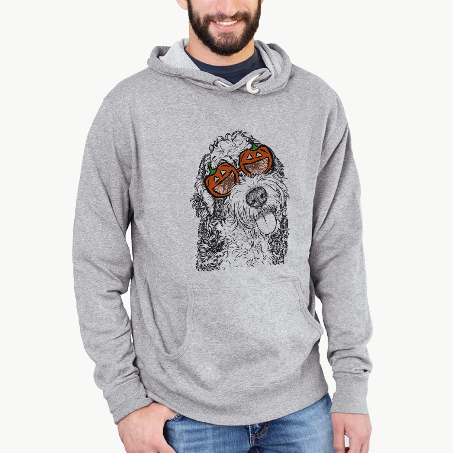 Hand-drawn sketch of Kaci the Bernedoodle wearing pumpkin glasses on a Grey pumpkin collection